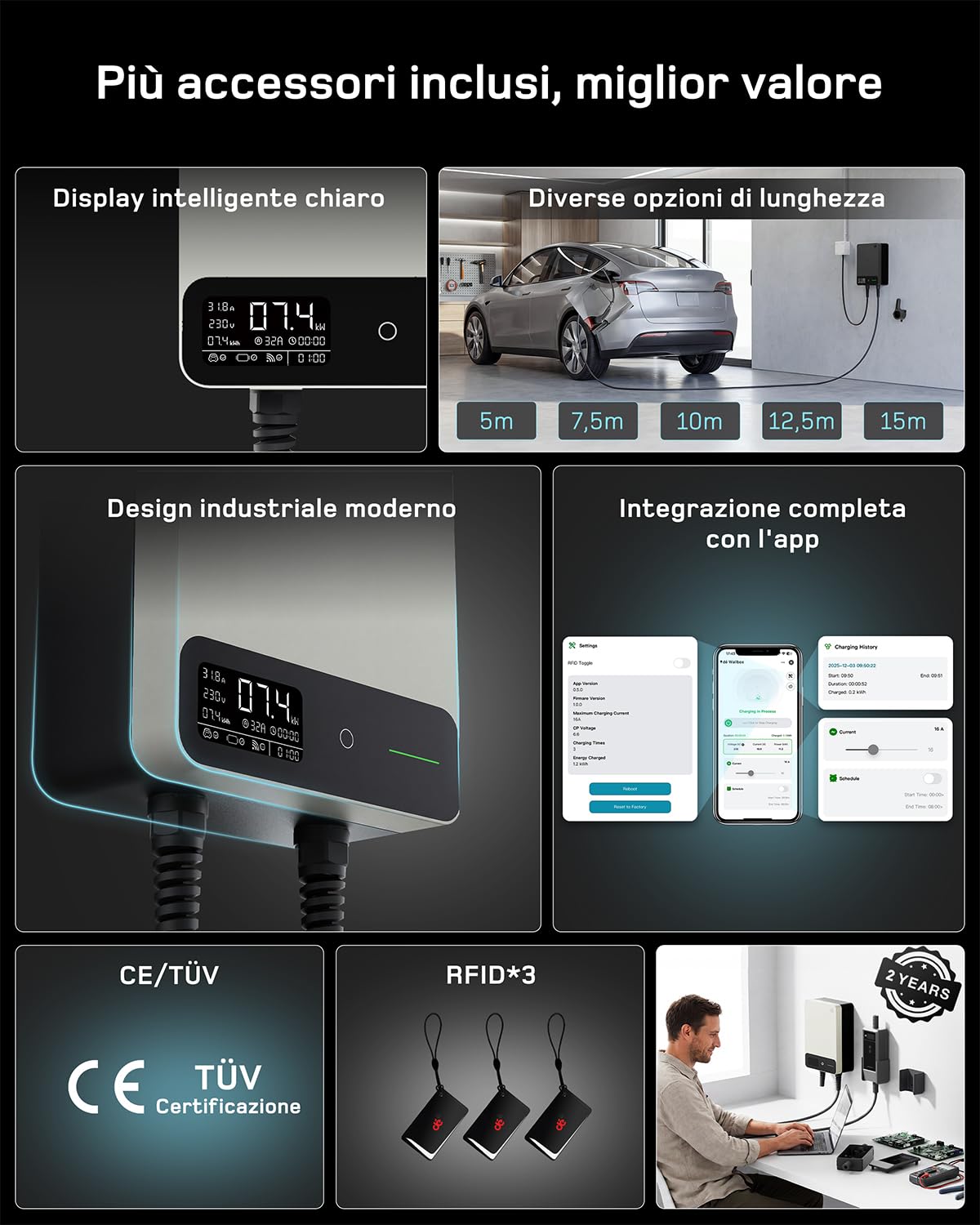 dé Wallbox 7,4 kW Tipo 2 con APP, Cavo Tipo 2 de 5m | Carichino Auto Elettrica 7,4 kW, RFID, 6-32A 230 V, Ricarica Programmata 0,5-8 h, IP54, RCD Tipo A 30 mA AC + 6 mA DC, Bianco