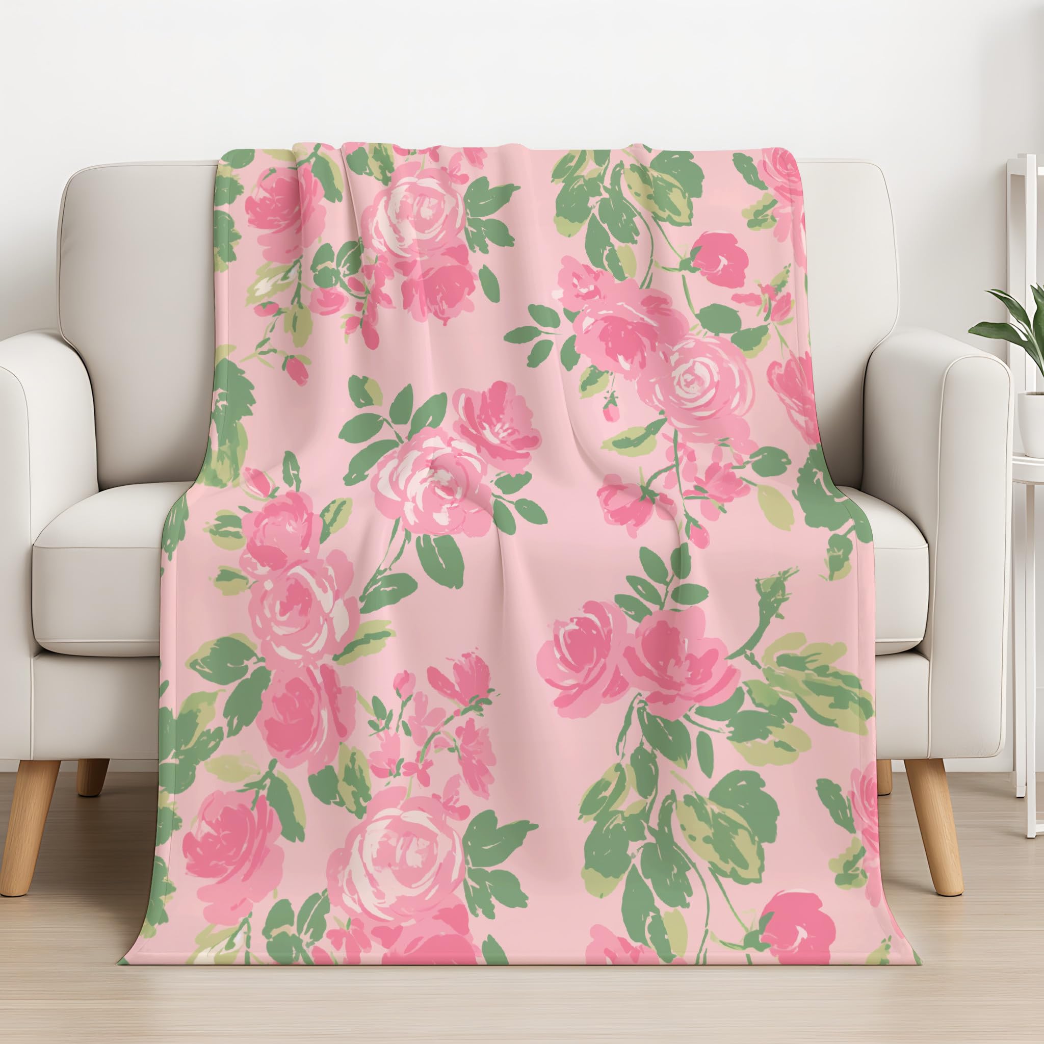 Generico Różowy Brzoskwiniowy Pluszowy koc 150 x 200 cm - Vintage Koc do rzucania na łóżko - Miękki róże zielone liście marzycielski ciepły na sofę przytulny puszysty wysokiej jakości