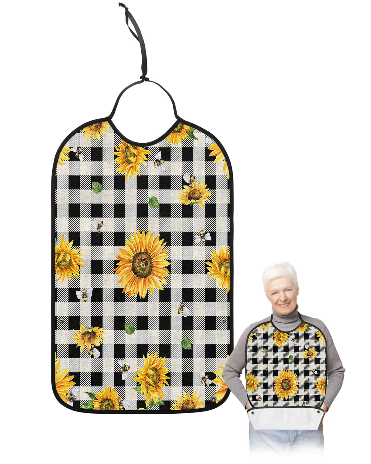 Adult Bibs for Elderly Women - Farmhouse Sunflower Waterproof Dining Clothing Protectors with Crumb Catcher for Eating/Feeding, Floral Bee Black Buffalo Plaid Terry Cloth Bib Machine Washable