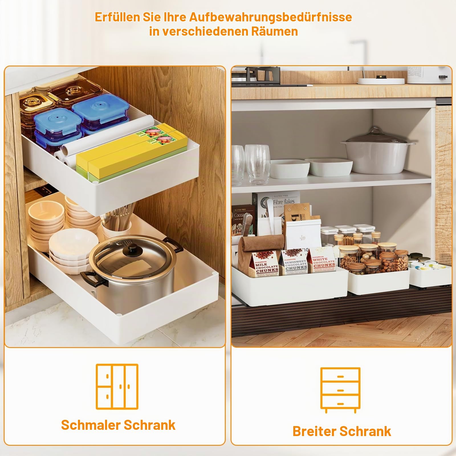 VINATO 4er Set Teleskopschublade, Ausziehbare Schublade für Küche mit 4 Größen, Ausziehbarer Schrankorganizer, Küchenschrank Organizer Ausziehbar mit Klebeband & Schrauben, für Küche, Vorratskammer