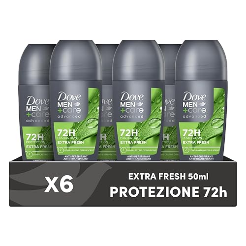 Dove Men+Care Roll On Advanced Care Extra Fresh, Deodorante Uomo Antitraspirante Senza Alcol, con 1/4 di Crema Idratante, Protezione Fino a 72 Ore, 6 Pezzi da 50 ml