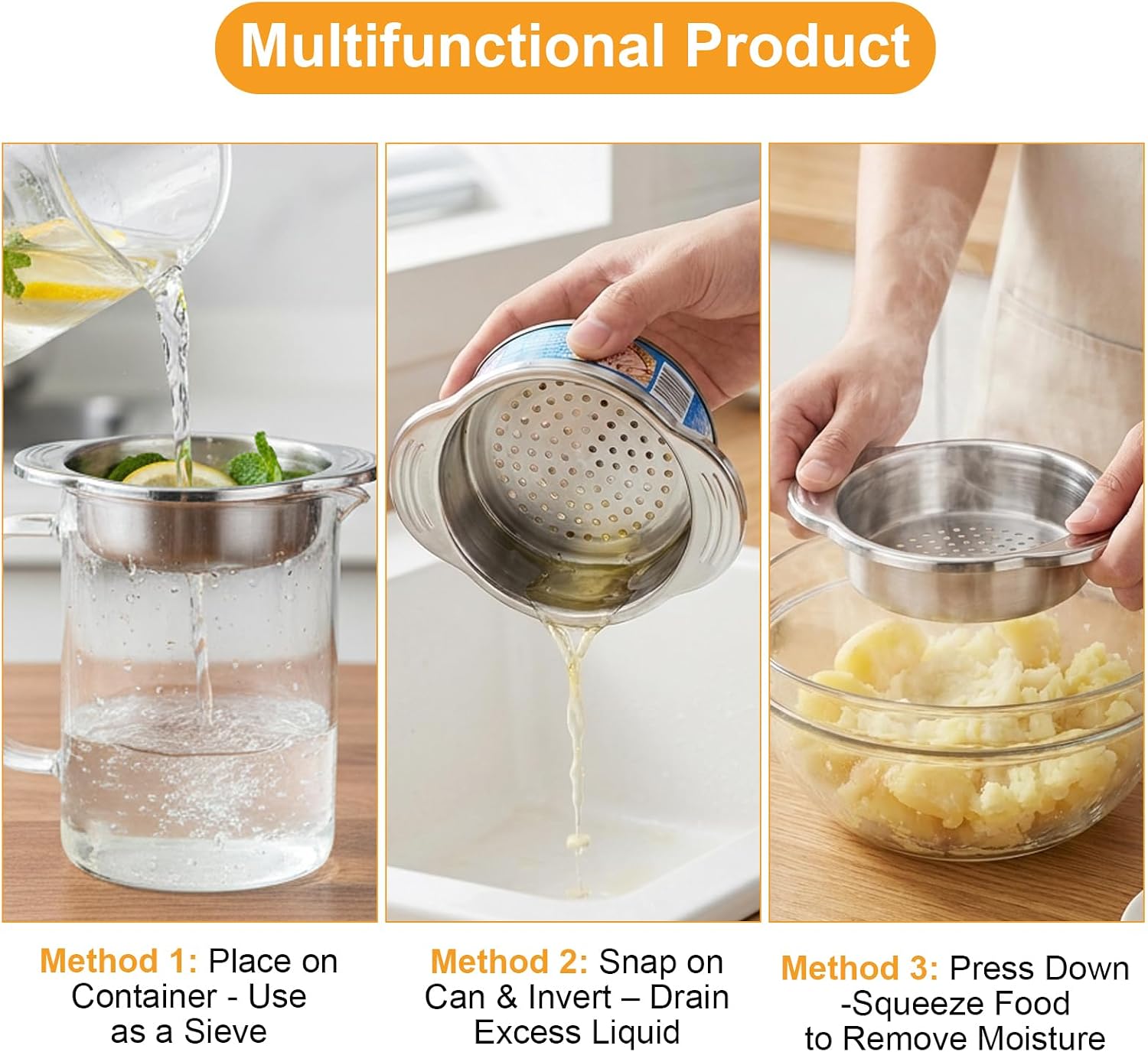 2 Pcs Stainless Steel Tuna Can Strainer, Multi-Use Can Drainer, 3 Ways to Use Canned Food Filter for Draining & Mashing, Kitchen Gadget for Canned Goods