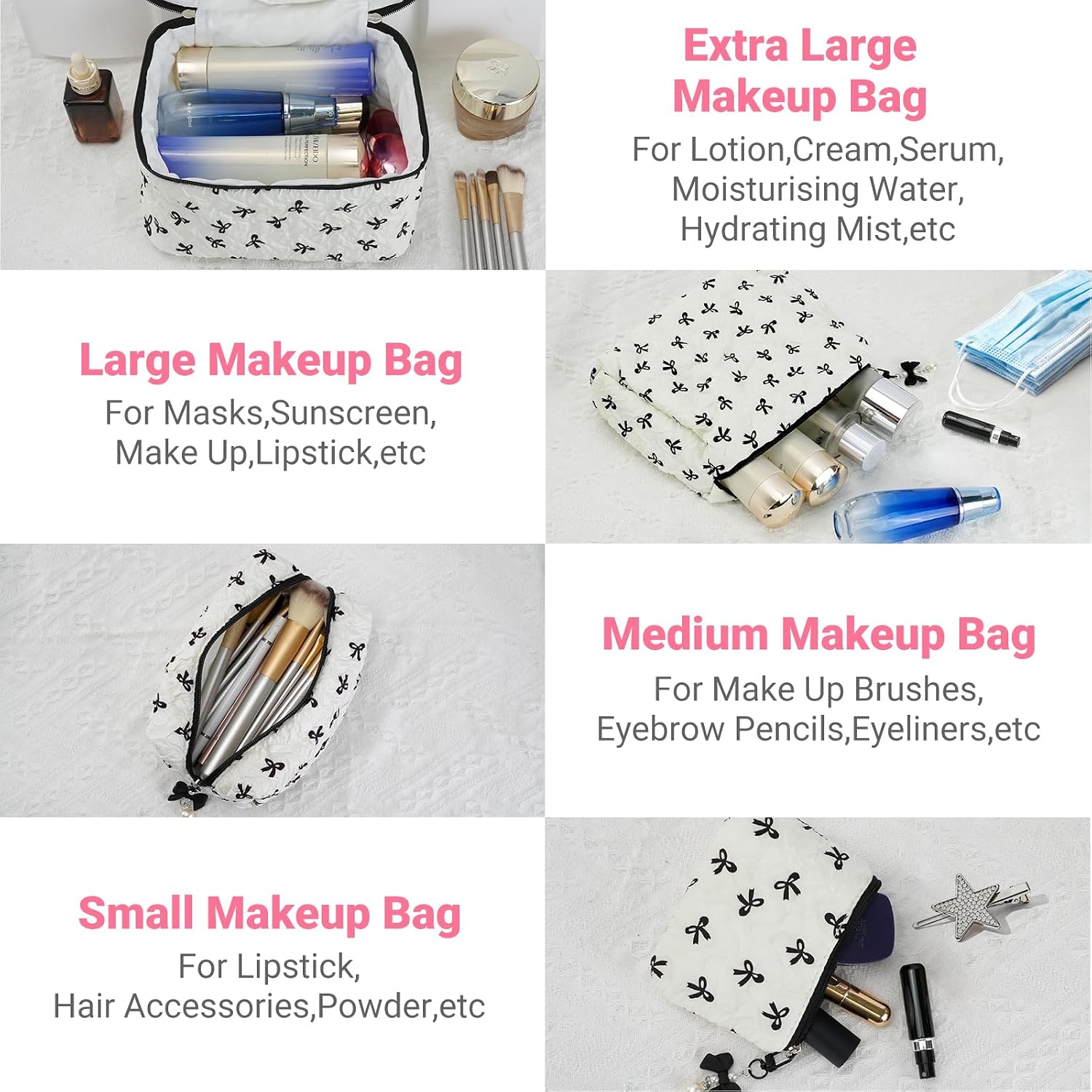 4 Pcs Makeup Bag, Coquette Cosmetic Bags for Women, Cute Skincare Bag for Travel, Portable Bow Make Up Bag Set, Quilted Toiletry Bags Cotton for Birthday Gifts (BlackWhite)