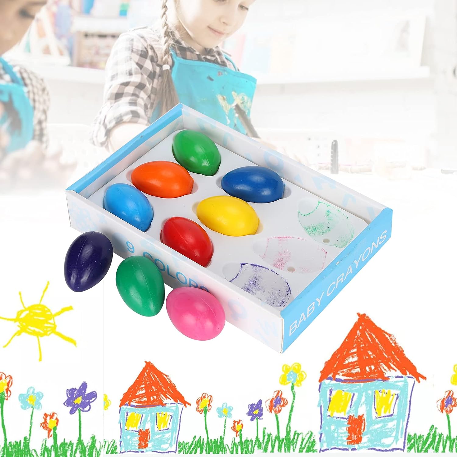 Luocute 9Pcs Paint Egg Crayons, Easy to Hold Washable Non Crayons for Kids 3+, with Storage Tray Box, Unbreakable Art Supplies for Preschool Boys Girls Kindergarten