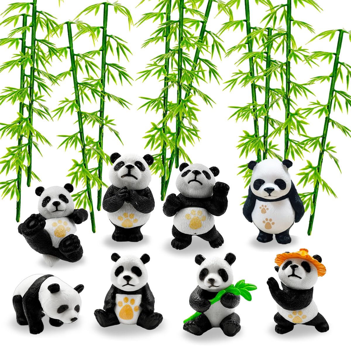 Suartus8Pcs Miniature Panda Figurine with 10Pcs Bamboo - Resin Animals Mini Panda Figurines,2inch Cute Animals Figures Landscape Decoration for DIY Fairy Garden Bonsai Craft Accessories Home