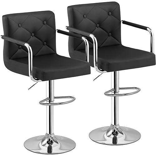 VECELO Bar Stools, Adjustable Bar Stools Set of 2, Counter Height Barstool with Back and Arms, Swivel PU Leather Bar Chairs for Kitchen/Island, Black