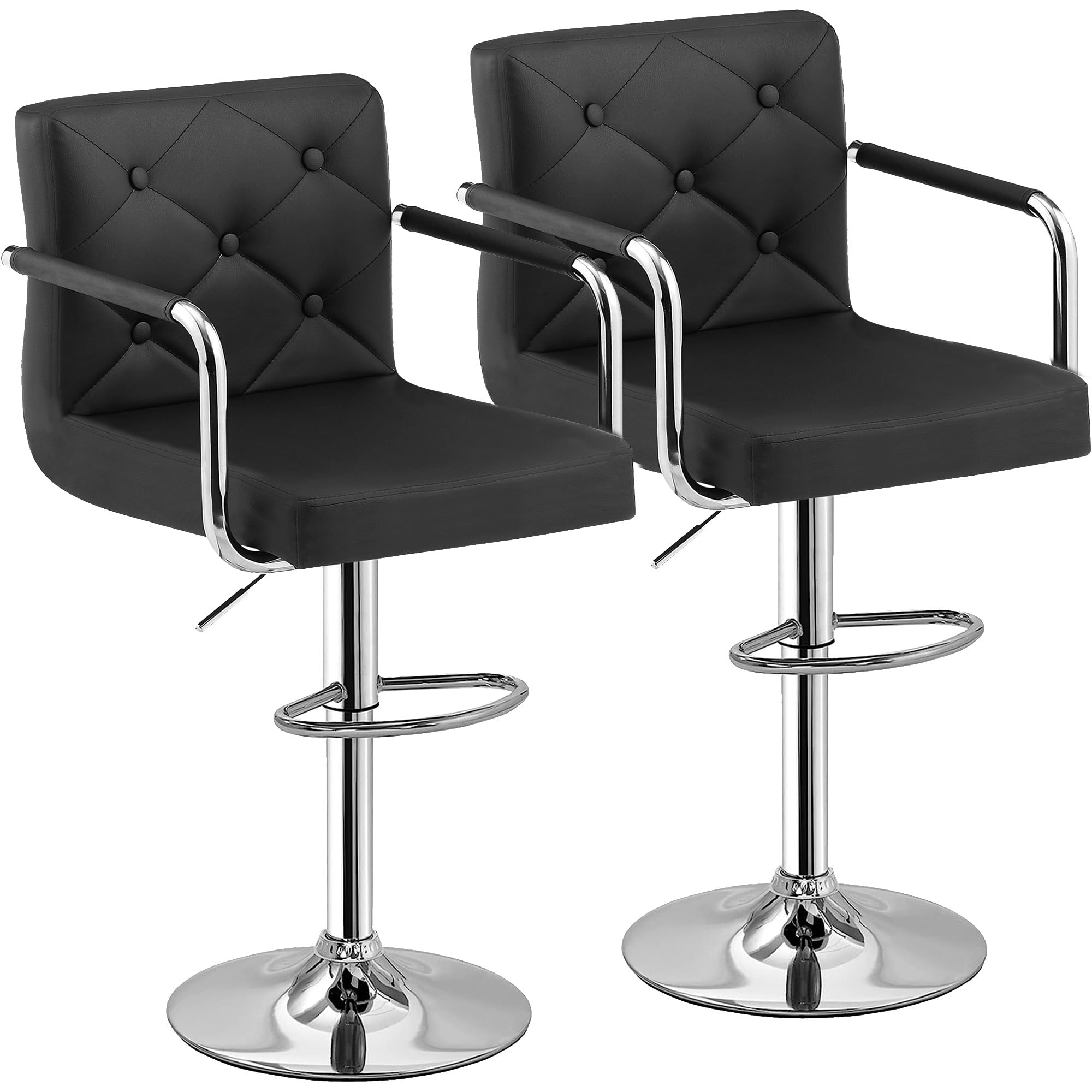 Taburetes de bar, taburetes de bar ajustables, juego de 2, taburete de bar de altura de mostrador con respaldo y brazos, sillas de bar giratorias de piel sintética para cocina/isla, color negro