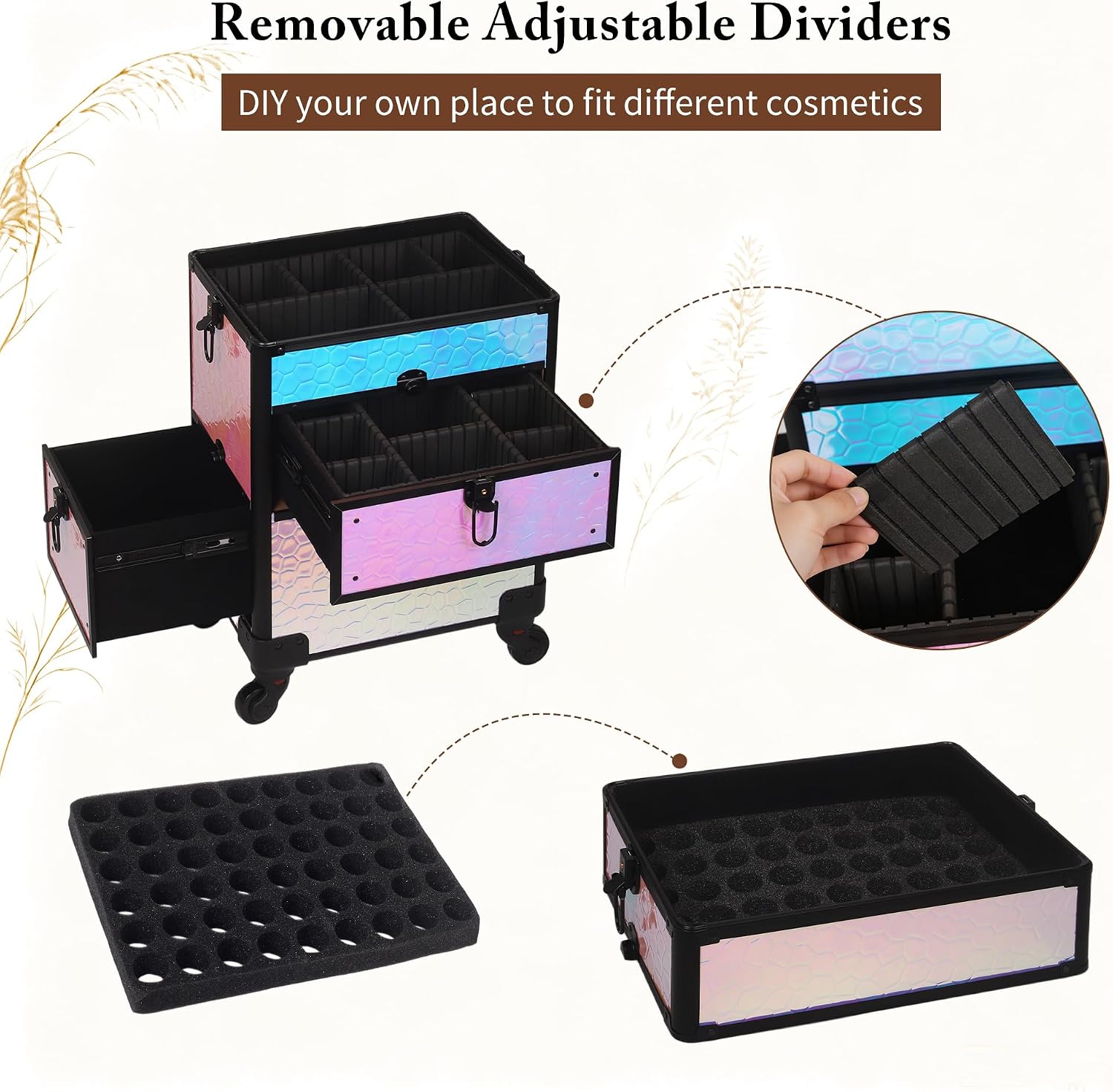 5 IN 1 Rolling Makeup Case with Drawers Shiny Purple