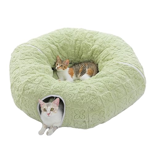 PAWZ Road Plush Cat Tunnel Bed for Indoor Cats, 2 in 1 Donut Cat Tunnel with Bed, Round Cat Play Tunnel Toy with Washable Cushion for Kittens, Puppies, Rabbits and Ferrets, Diameter 85cm, Green - Green