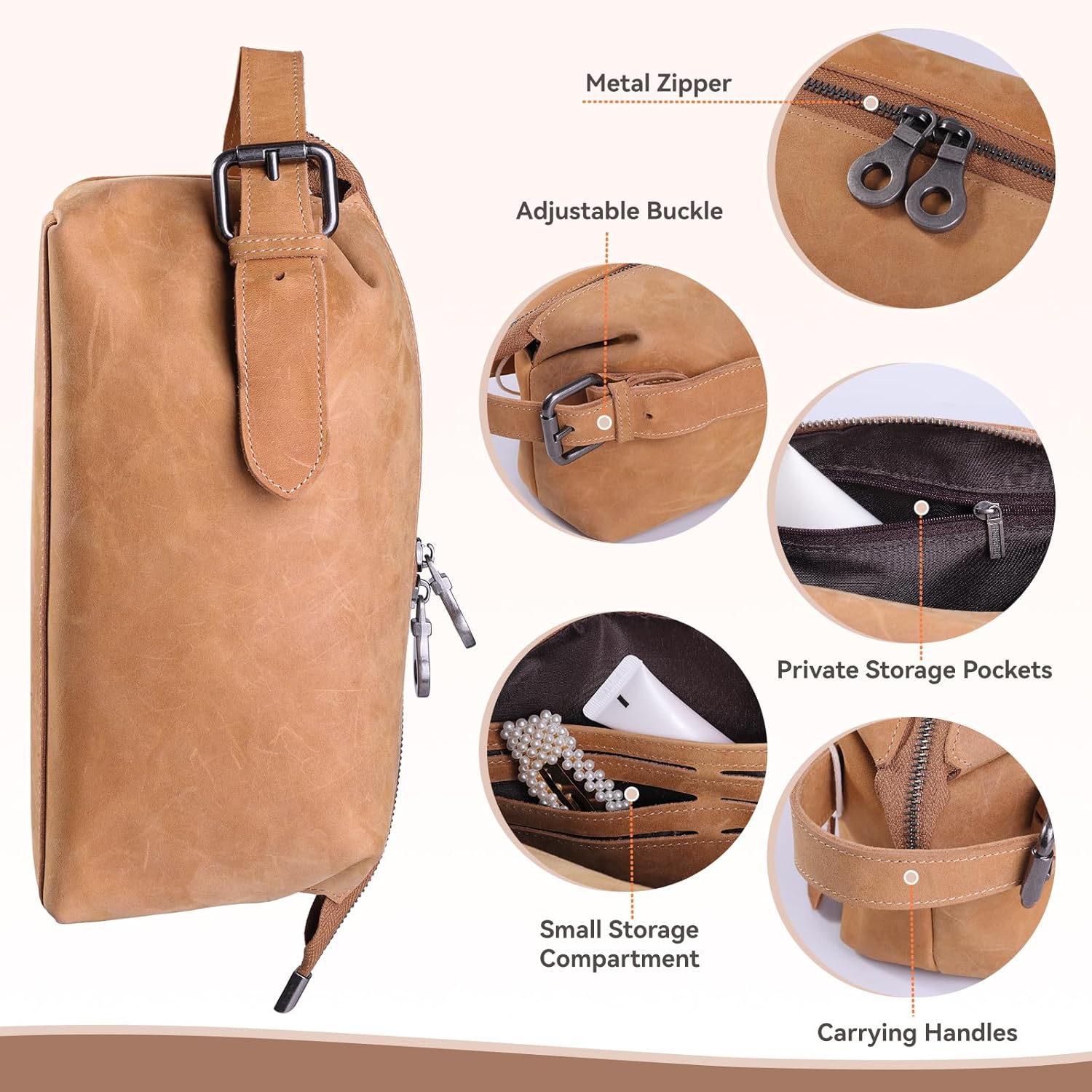 Multi-functional Leather Travel Toiletry Bag - Full-grain leather Water-Resistant Travel, Shaving & Cosmetic Organizer for Men & Women - Compact Bathroom Essentials (Brown)