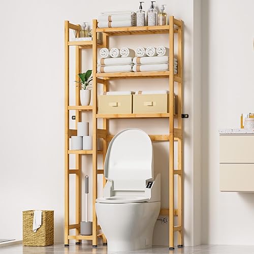 Homde Almacenamiento sobre el inodoro con cesta y cajón, organizador de baño de bambú con estante ajustable y almohadilla impermeable para pies,