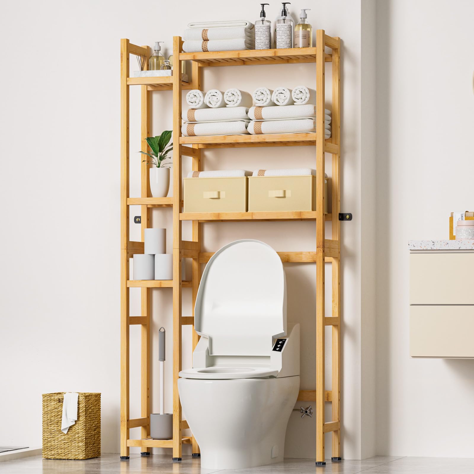 Amazon｜Homde トイレの上収納 バスケットと引き出し付き 竹製 バス