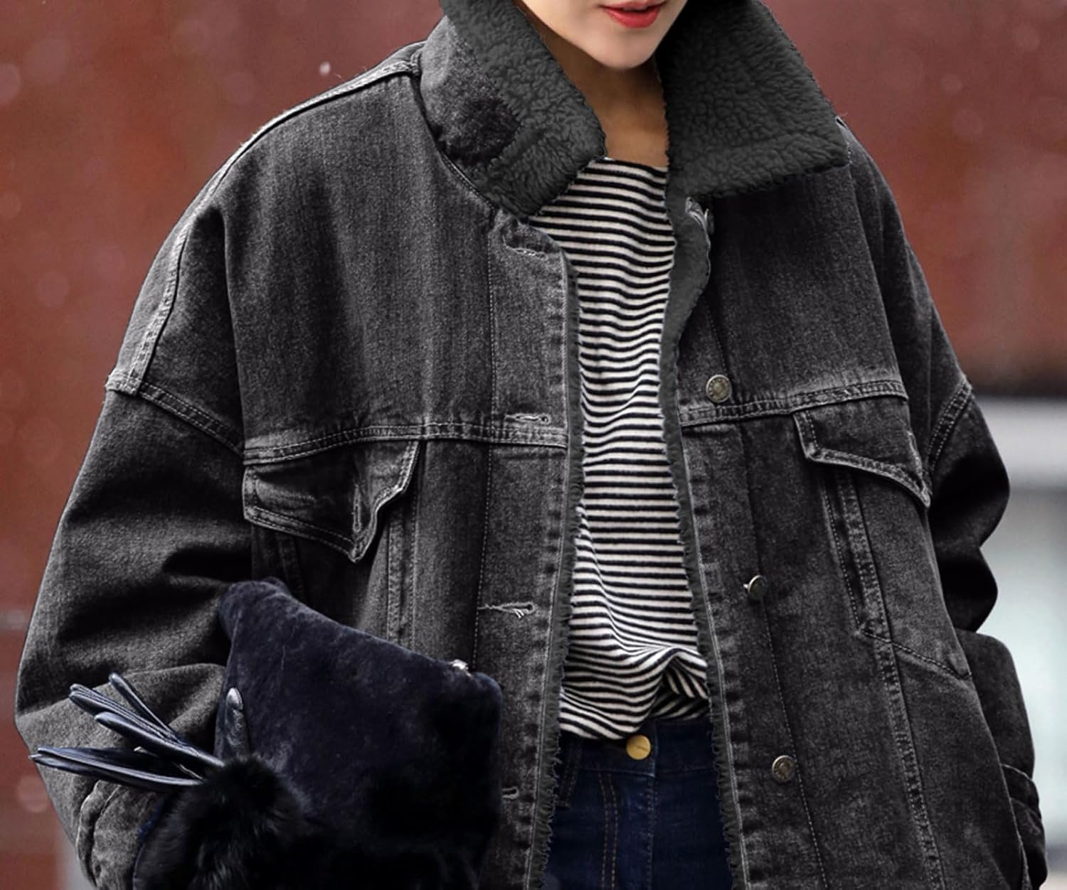 loveimgs Women Long Sherpa Fleece Lined Jeans Jacket Denim Trench Coat Thicken Button Down Patchwork Trucker Coat Overcoat - Image 3