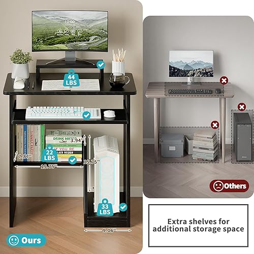 Miniatura 6 de ALISENED Escritorio pequeño de 76 cm para computadora con bandeja para teclado y soporte para monitor, escritorio de estudio y escritura con Negro