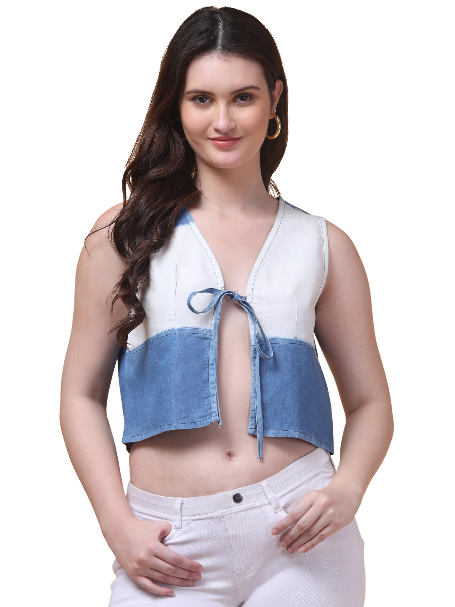 Hive91 Women’s Blue & White Colorblock Sleeveless Crop Top | V-Neck, Tie-Up Bralette-Style Cotton Denim Top-image-1
