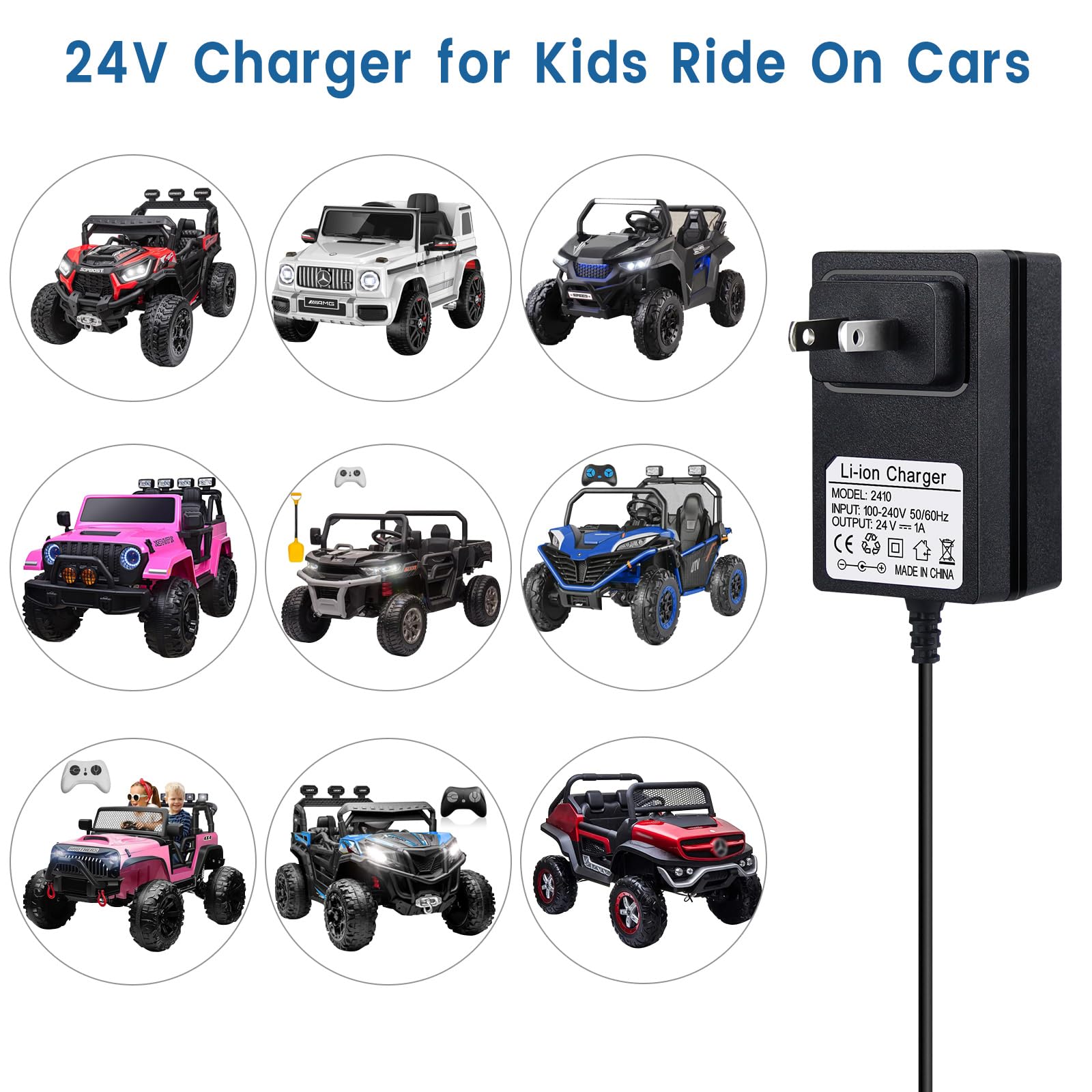 24V Battery Charger for Kids Ride On Car Toys, 24 Volt Power Adapter for Best Choice Products, Charging Cable with Indicator Light