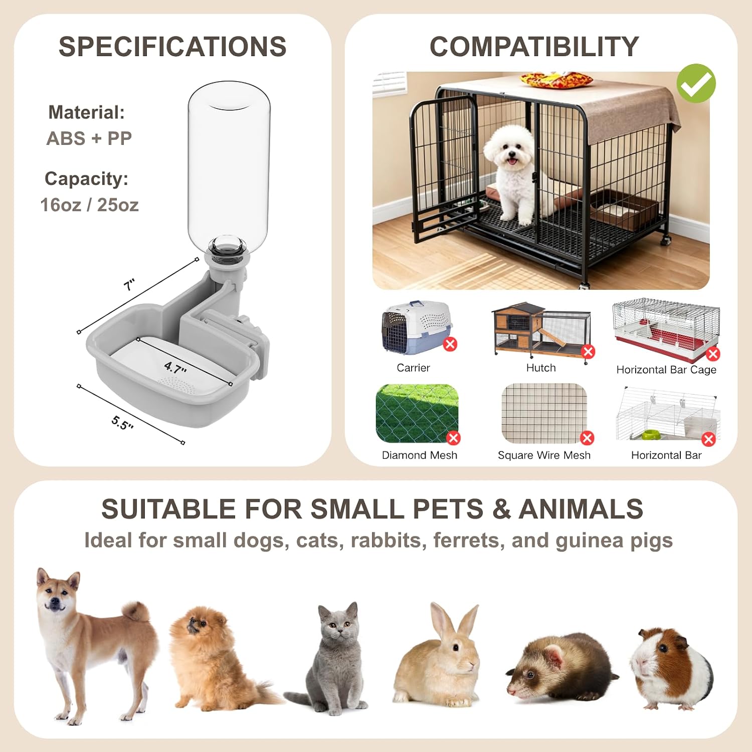 Pet Water Bottle for Cage, Anti-Overflow Gravity Water Bowl Dispenser for Puppies, Cats, Rabbits, Ferrets, Guinea Pigs, and Other Small Animals (Gray, 16oz)