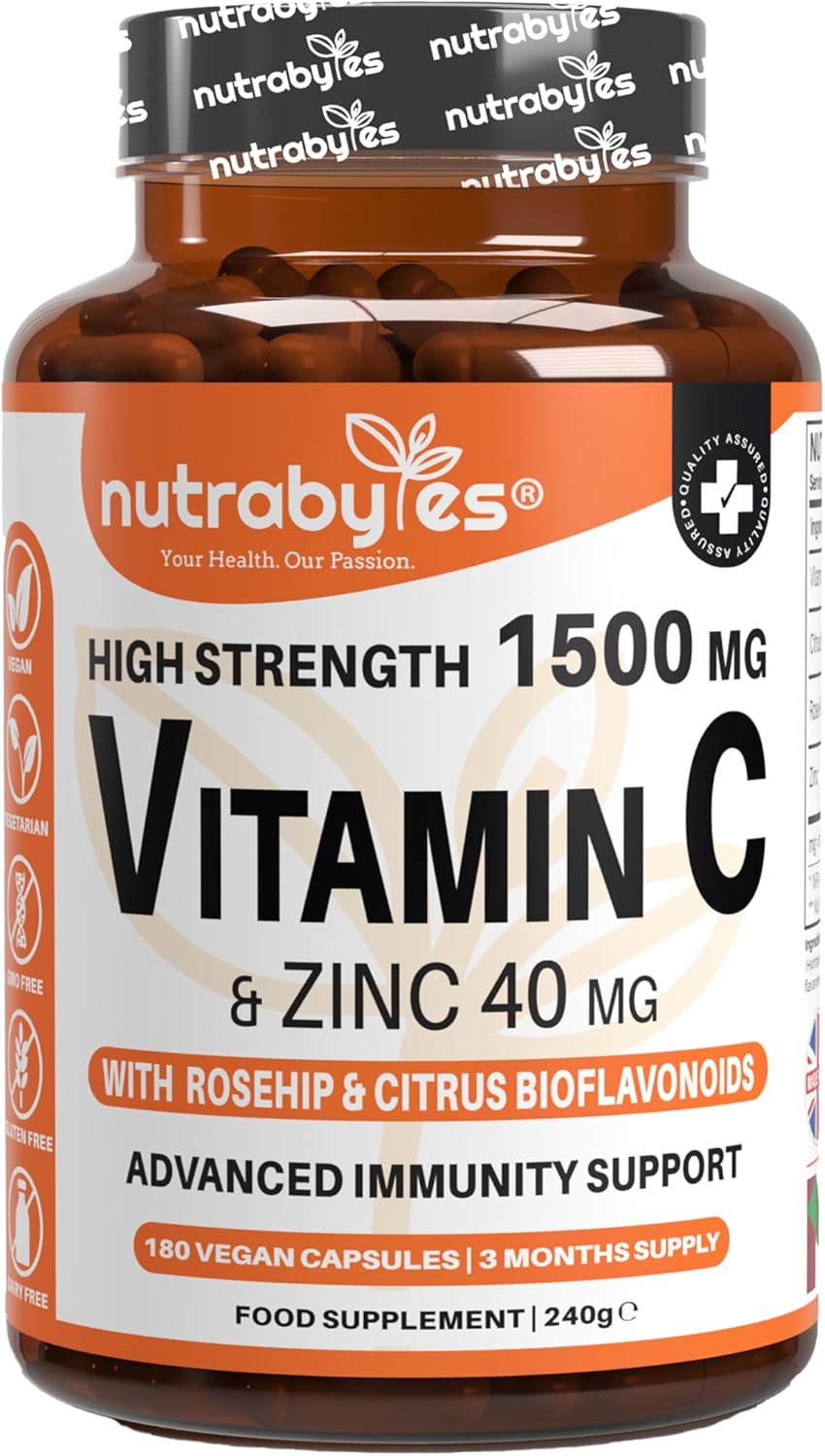 Nutrabytes High Strength 1,500mg Vitamin C & 40mg Zinc Supplement, 180 Capsules | Advanced Immune Support with Zinc, Rosehip & Citrus Bioflavonoids | 3 Months of Vegan Capsules