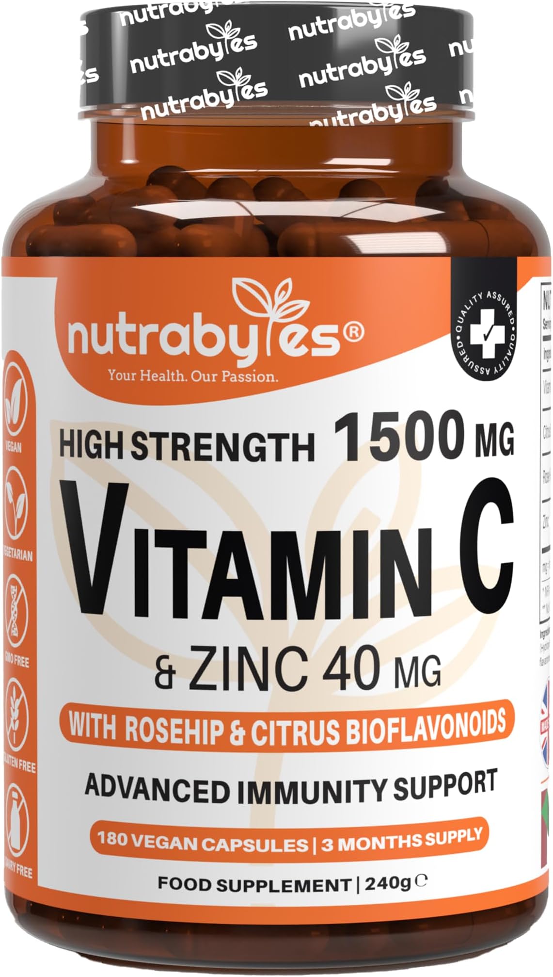 Nutrabytes High Strength 1,500mg Vitamin C & 40mg Zinc Supplement, 180 Capsules | Advanced Immune Support with Zinc, Rosehip & Citrus Bioflavonoids | 3 Months | Vegan Capsules | UK Made