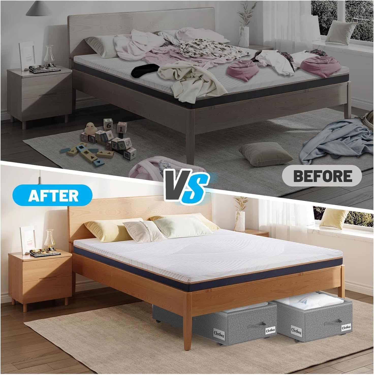 Under Bed Storage with Wheels, 2-Pack 10" Height XXL 60L Rolling Storage Bins, Quick Assembly Underbed Shoe Storage Containers with Clear Lid & Label, Dorm Under bed Drawers for Clothes, Shoes, Grey