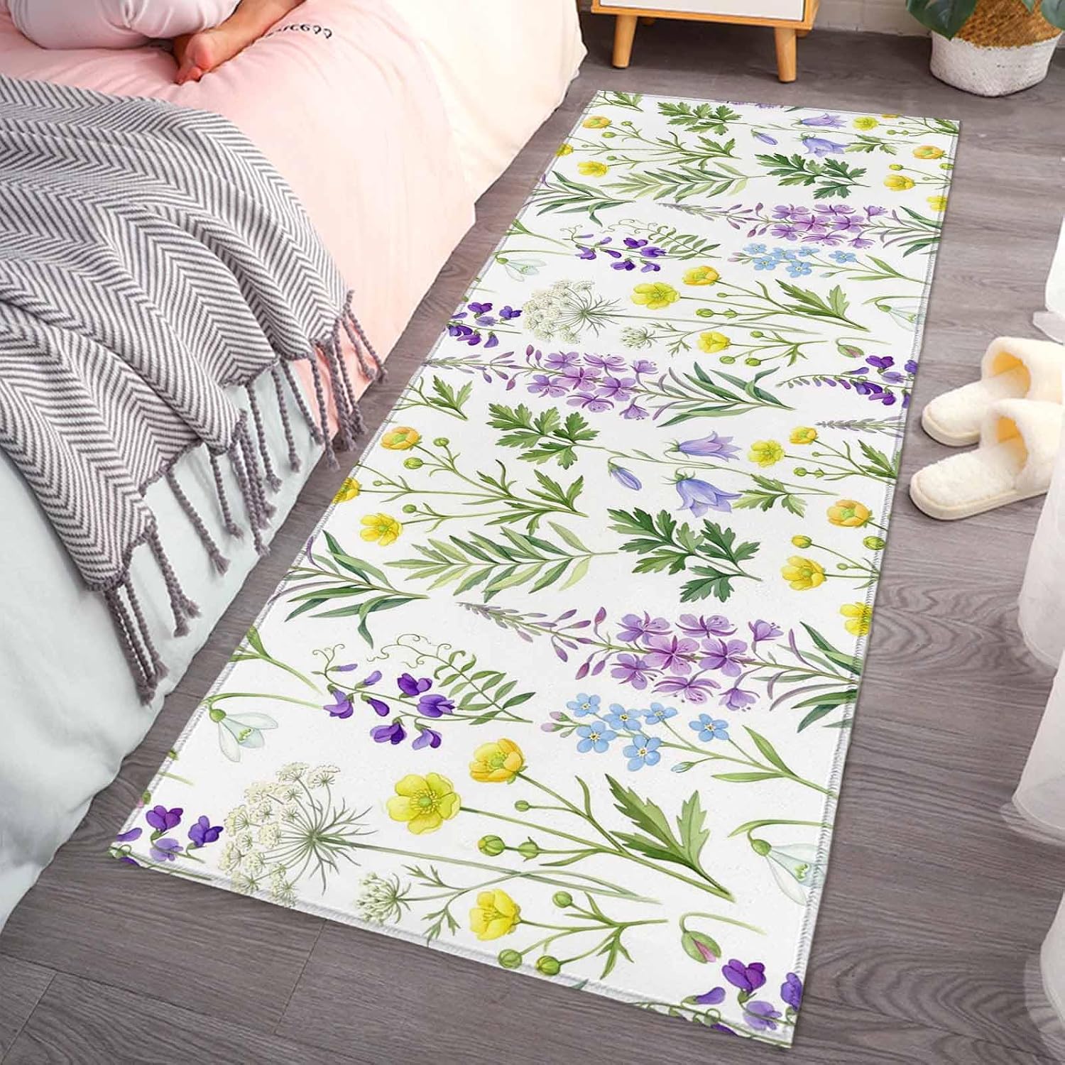 Teamery Kitchen Mats for Floor Pastoral Lavender Ombre Floral Washable Non Slip Kitchen Rugs 1PCS, Sage Green Leaves Absorbent Standing Mats for Sink Bathroom Office Living Room 15.7x47.2in