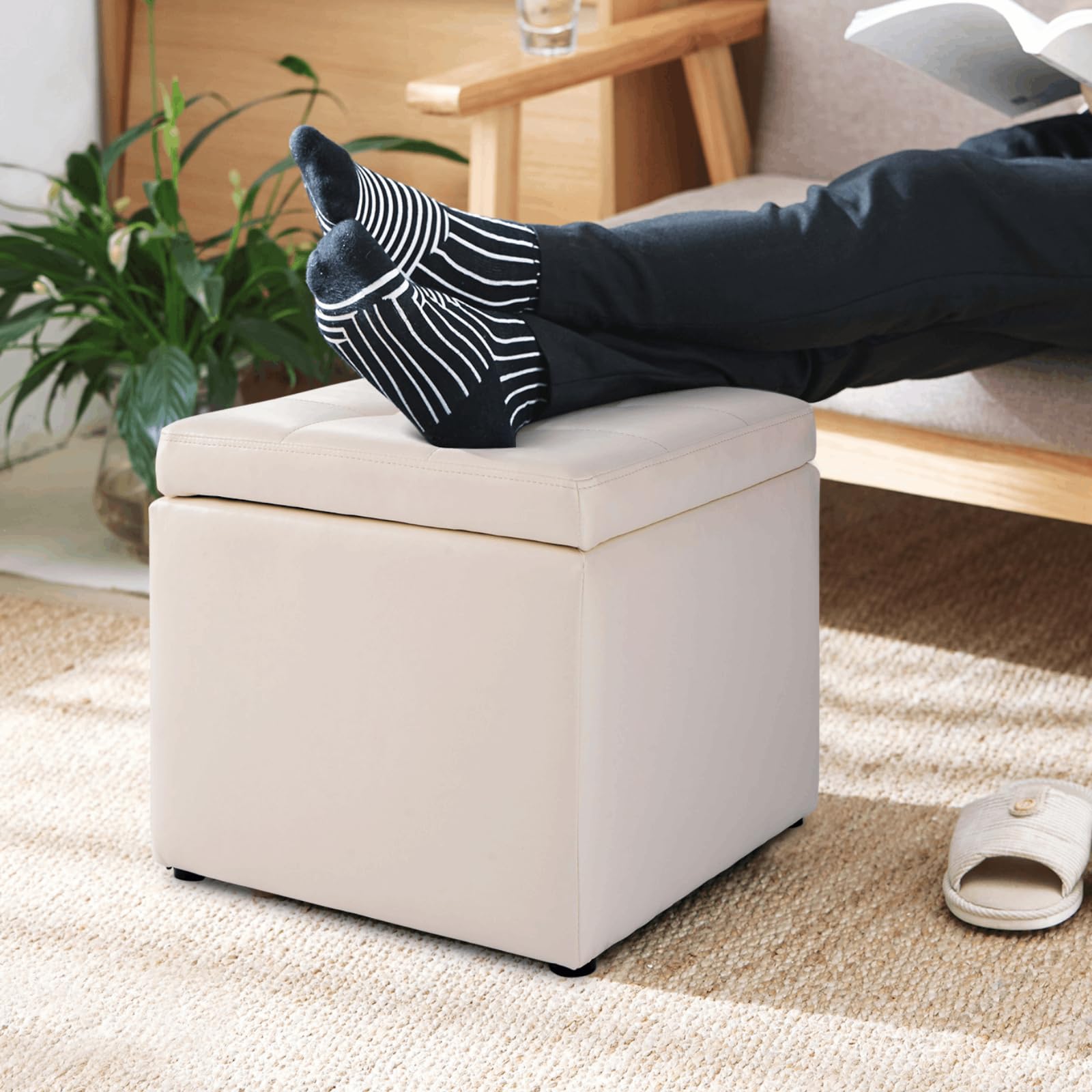 Multigot Storage Ottoman, Linen Fabric/Faux Leather Foot Stool with Hinge and Padded Seat, 40x40x40CM Cube Bench for Living Room, Bedroom and Office, 150Kg Capacity (Faux Leather, Creamy White)