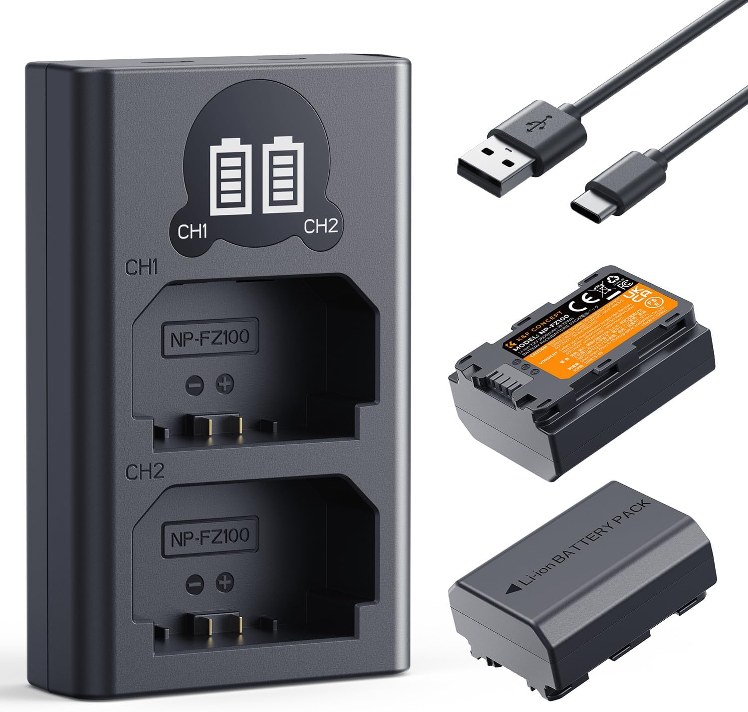 K&F CONCEPT NP-FZ100 High Capacity 2600 mAh Two Batteries and One Charger, Pack of 2 Batteries for Sony Alpha A7III, A7IV, A7R III/A7R3, A7RIV, A7RV, A7C, A7S III/A7S3, A9, A9II, A6600, A9R, A9R 99S