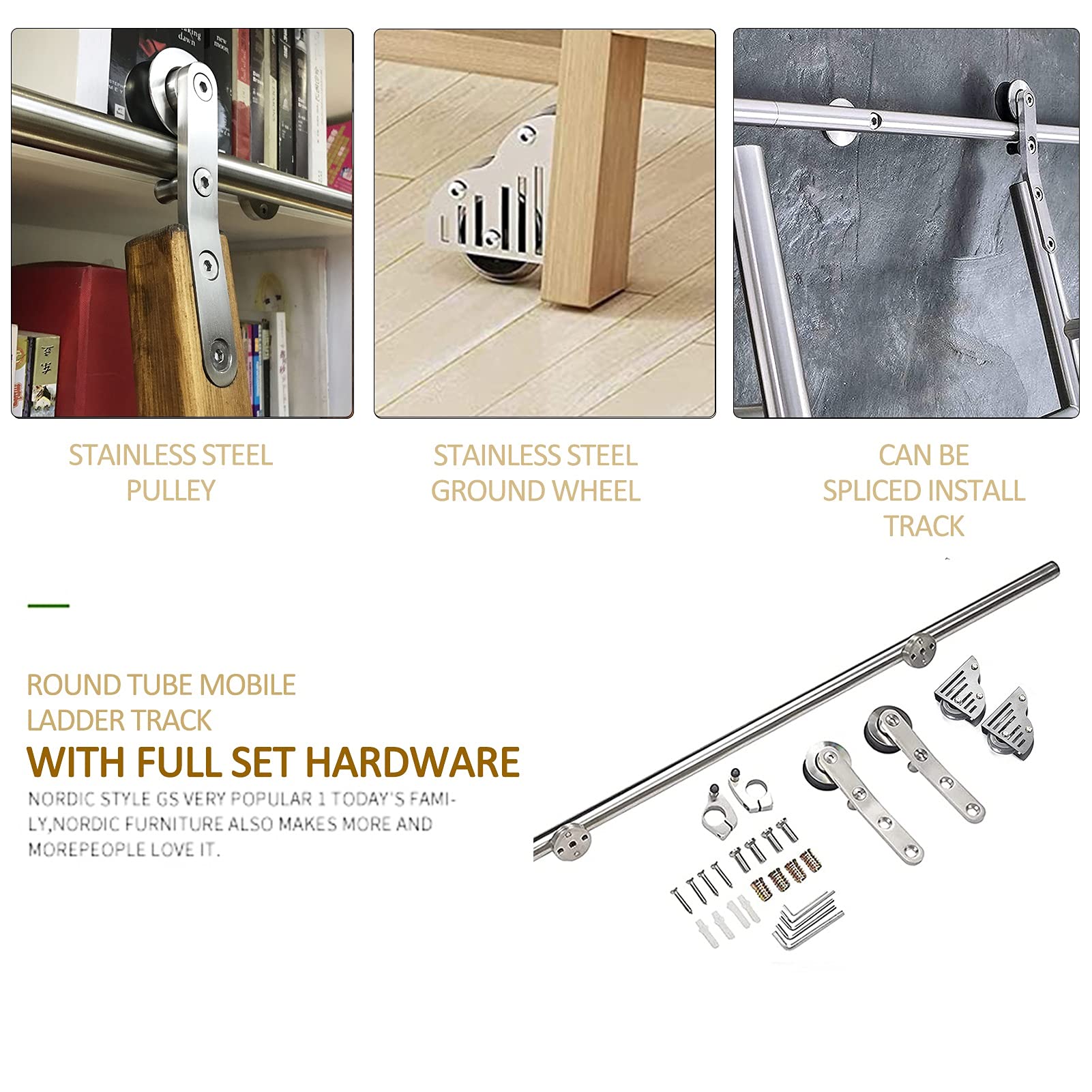 Scaletta Rolling Track Set completo Hardwar 6.6ft-13ft, inox Tubo rotondo Ladder Mobile Scala Scorrimento fienile per Biblioteca/Loft/Home/Indoor/BookStor, ruote a rulli da pavimento (nessuna scala)