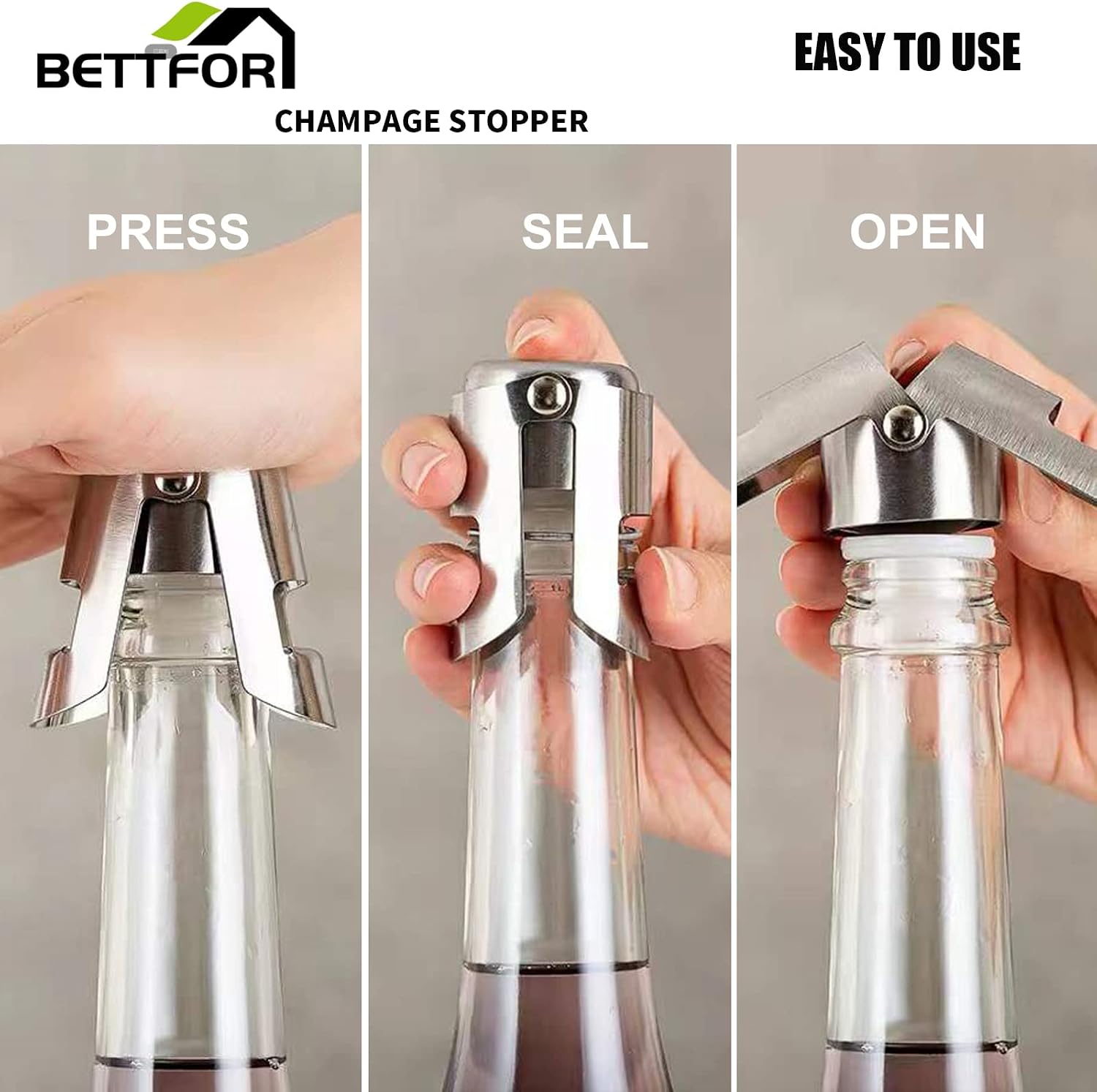 Champagne Stoppers with Stainless Steel Champagne Saver with Food Grade Silicone Leak proof Keep Fresh Suitable for Champagne, Cava, Prosecco and Sparkling (Silver, 2 Pack)