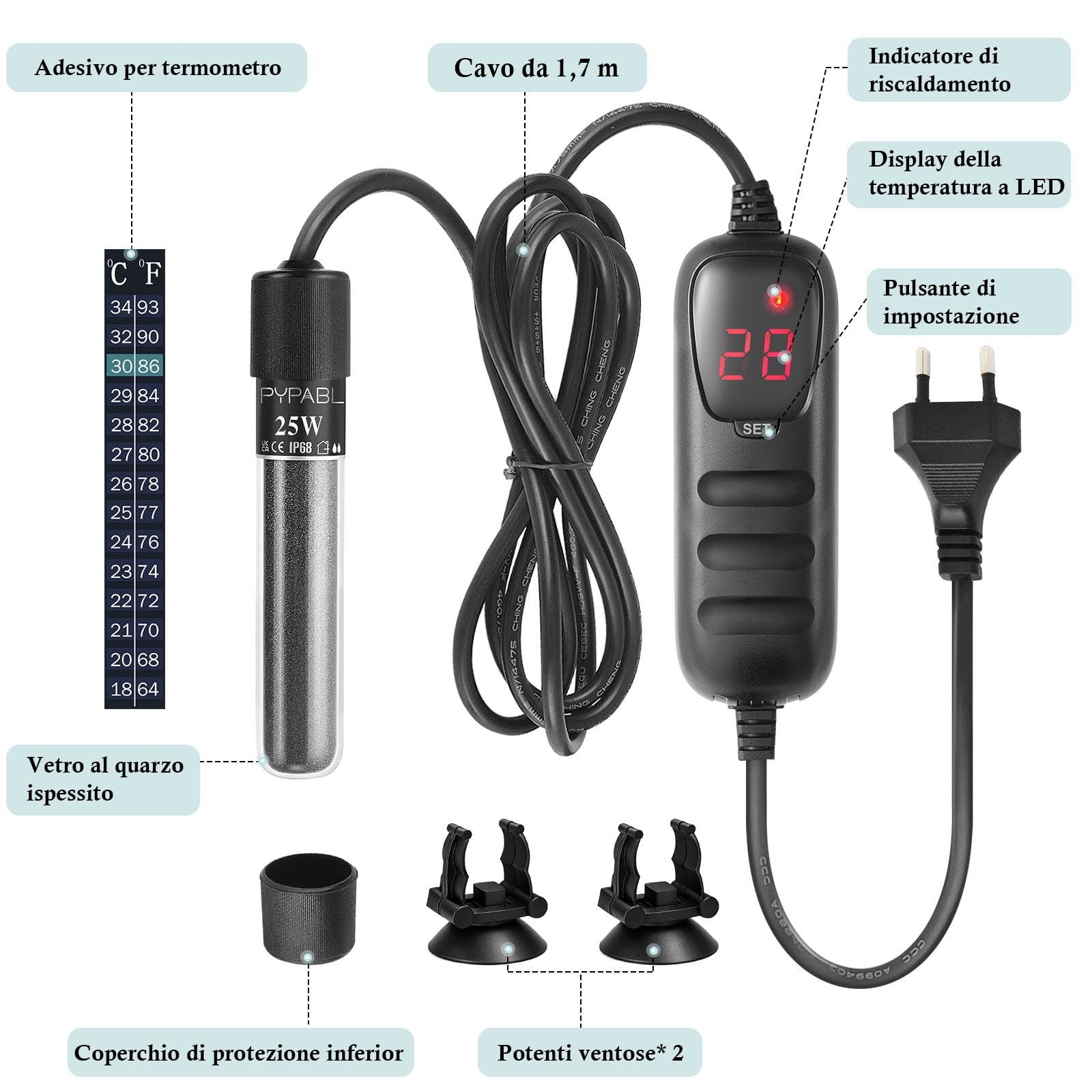 Mini Chauffage pour Aquarium, 25W 50W 100W Petit Chauffage Submersible pour Aquarium avec Contrôleur Externe pour Bassins à Poissons et Tortues de 3 à 100L (25W pour 3 à 20L)