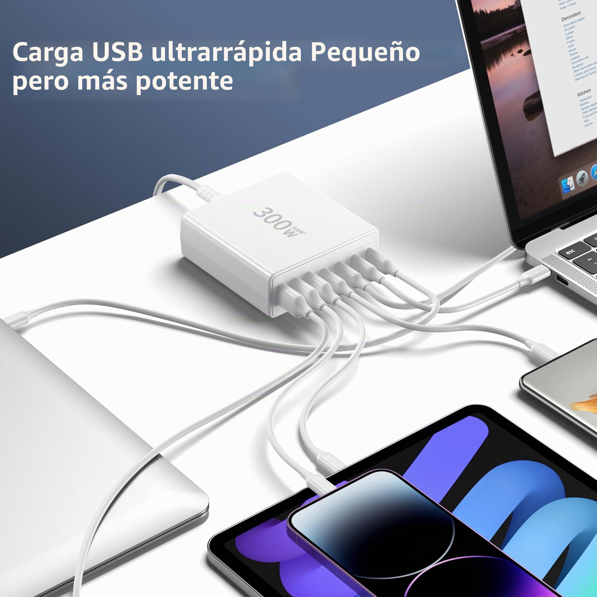 FINIBO Cargador USB C de 300 W múltiple: 7 puertos cargador rápido con 4 USB-C y 3 USB-A, cargador USB Multipuerto Dual PD PPS fuente de alimentación para MacBook Pro/Air, iPad Pro/Air, Sumsung