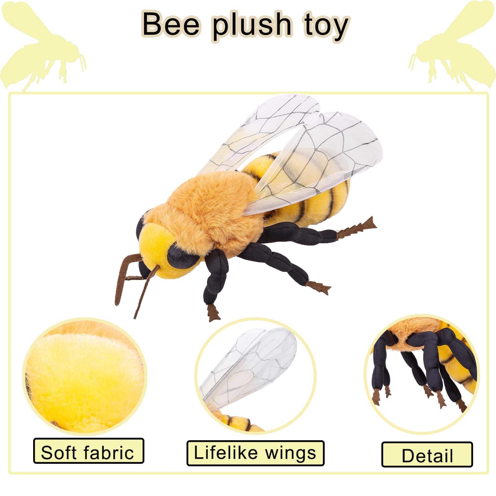 capybaraflying Lifelike Bee Stuffed Animal Toy, 16in Simulated Bee Plush Toy, Soft Flying Insect Animal Toy Collection - Image 4