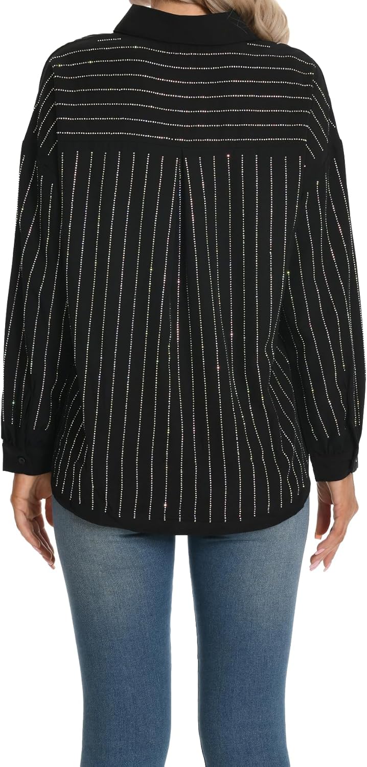 Women Long Sleeve Oversize Rhinestone Striped Button-Down Shirt - Image 7