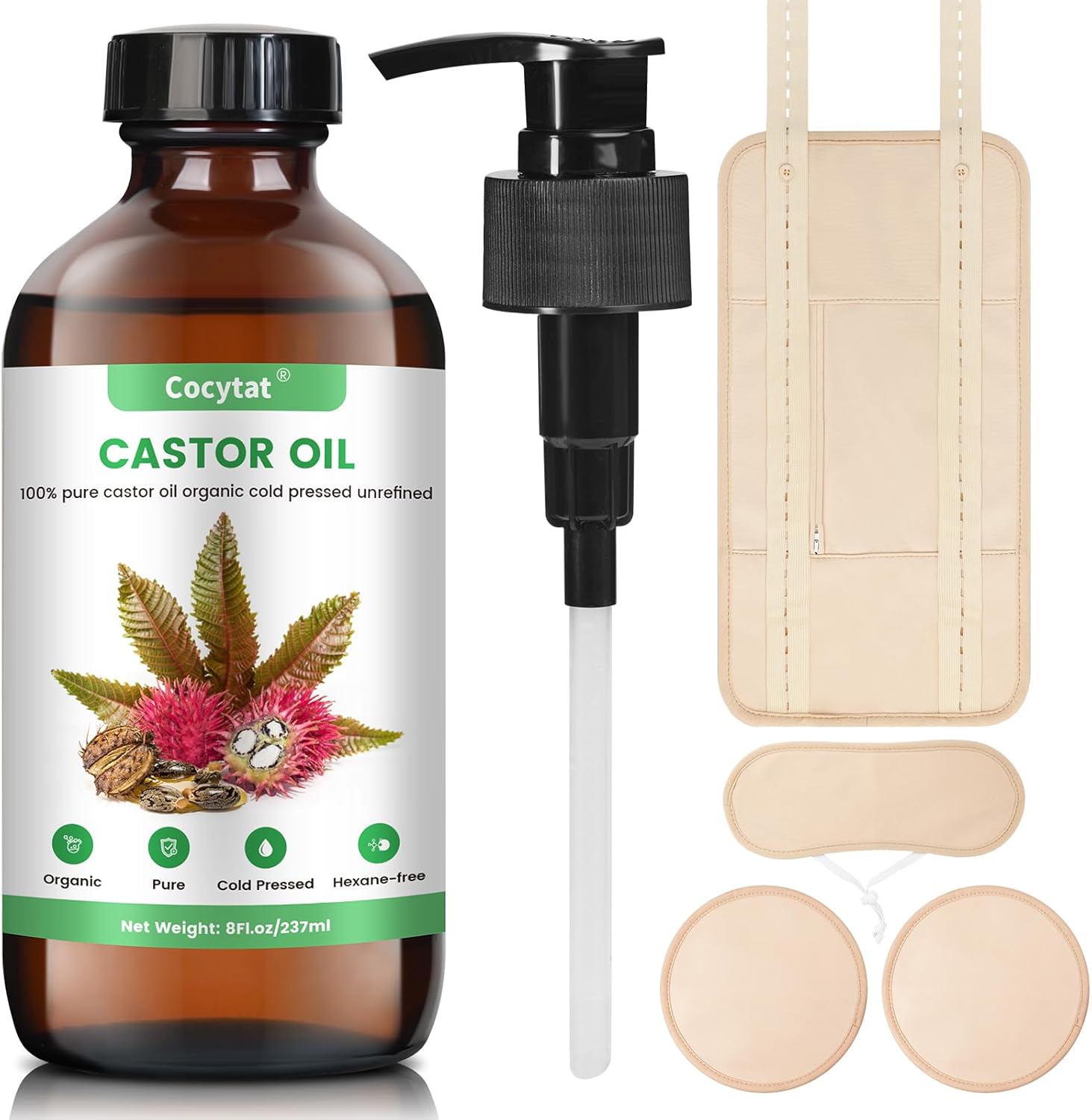 Castor Oil Pack Wrap with 8Fl.Oz Cold Pressed Unrefined Glass Bottle Pure Organic Castor Oil for Stomach Neck and Breast