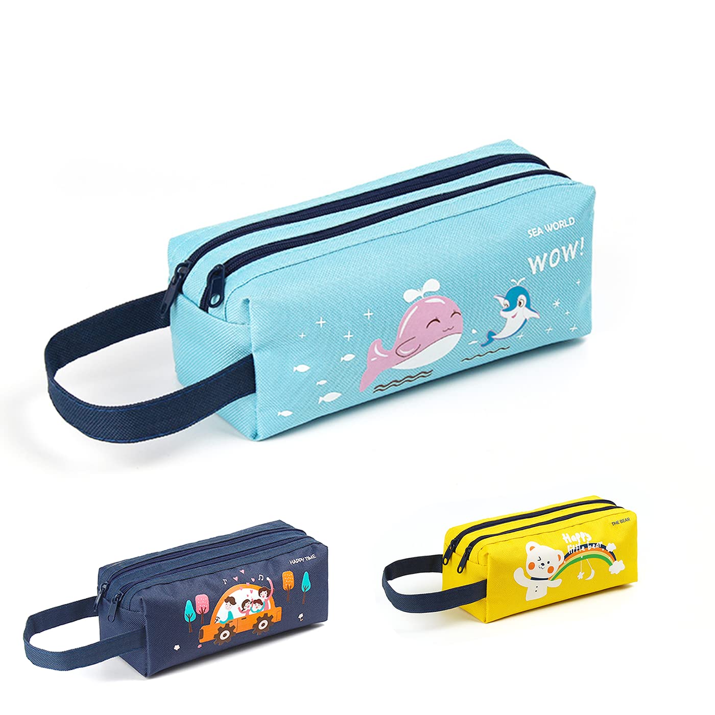 Trousse Scolaire à Deux Compartiments Grande Capacité Pochette en Tissu 20x7.5cm Bleu