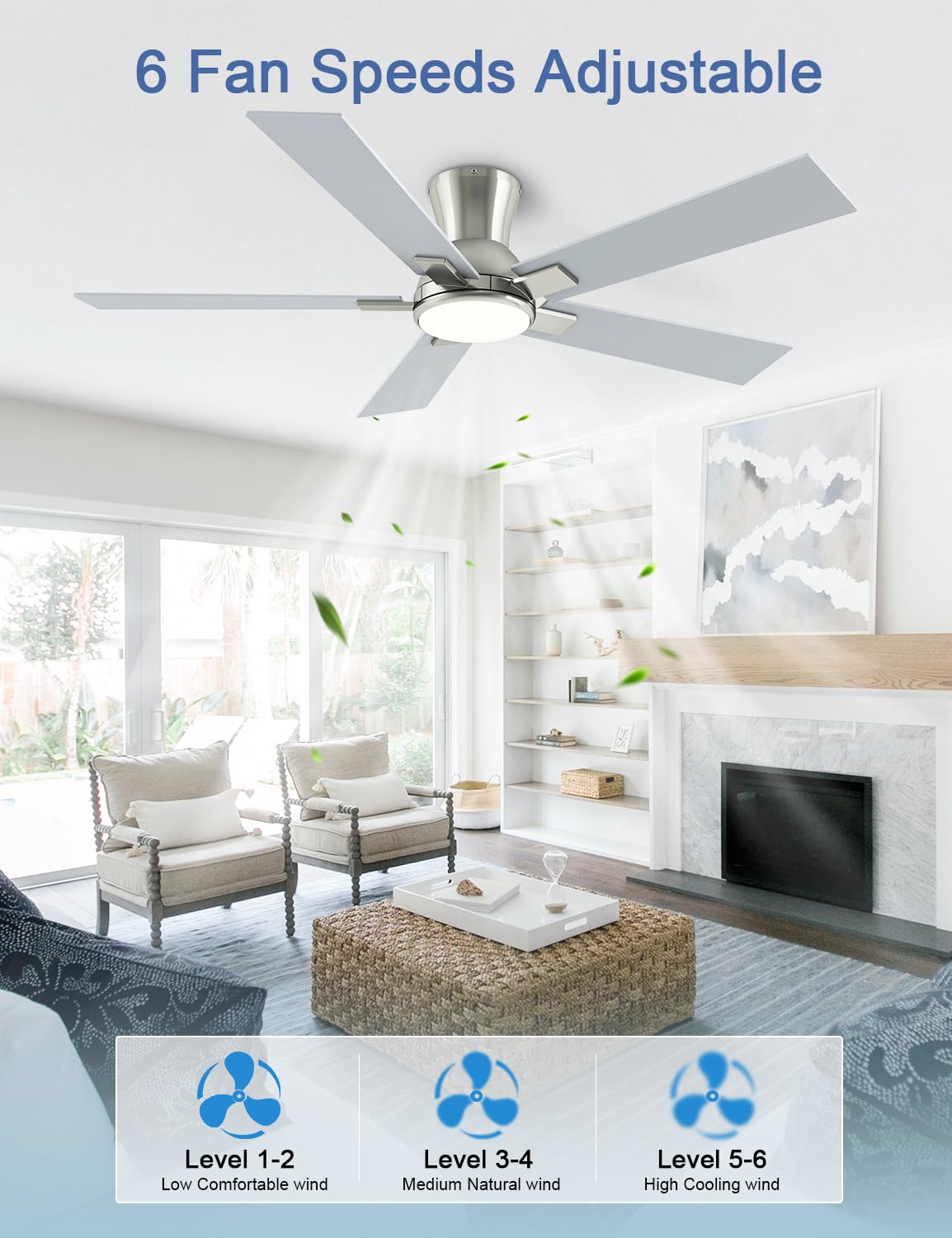 52 Inch Ceiling Fans with Lights and Remote Brushed Nickel Flush Mount Low Profile Ceiling Fan for Bedroom — view 2