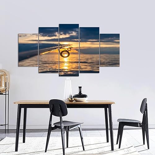 Miniatura 3 de KREATIVE ARTS Juego de arte grande de 5 paneles impresos en lienzo para pared, caña de pescar, océano, naturaleza, fotografía, realismo, náutico,