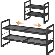 2 Tier Shoe Rack, Expandable Shoe Organizer for Entryway, Stackable Shoes Stand with Mesh Metal Shelves for Closet Entryway, Black