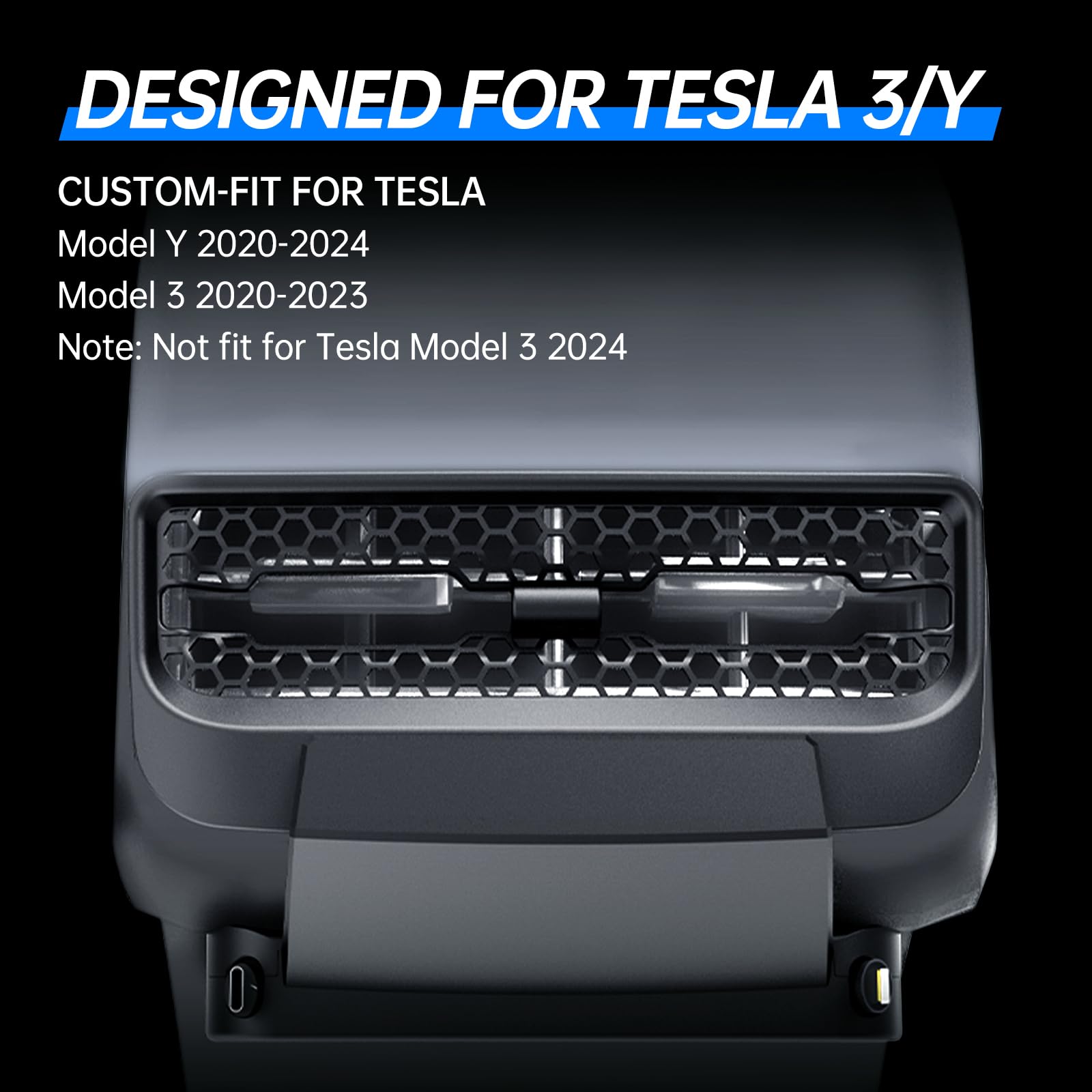 DGXWLLW USB Hub for Tesla Model Y 2020-2024 Model 3 2020-2023 Rear Vent, 54W Multi Port Center Console Fast Charger Rear AC Vent Air Outlet Expansion Cover Docking Station with Retractable Cables