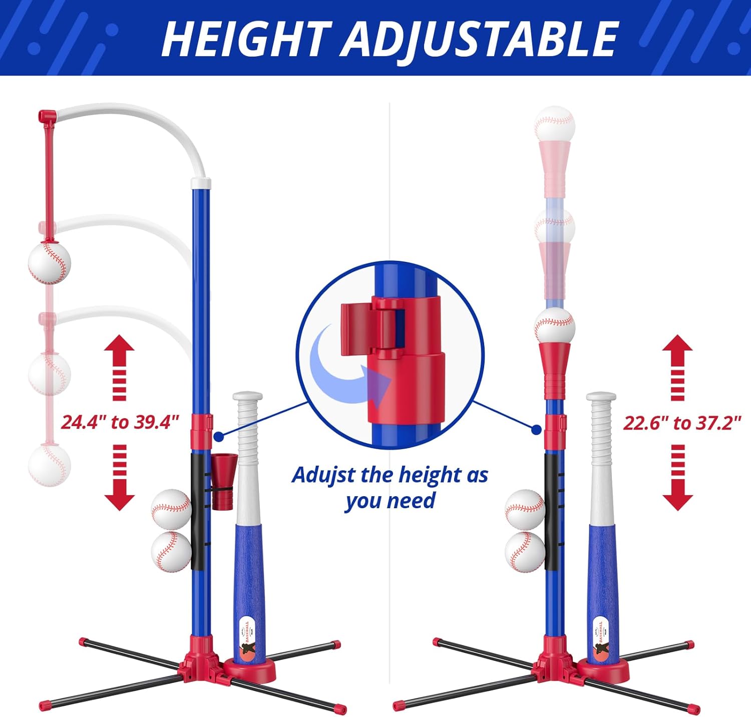 3-in-1 Baseball Set for Kids 3-5 - Tee Ball Stand, Hanging Tee, Ball Launcher and 6 Softballs - Adjustable Height, Indoor/Outdoor Sport Gifts for Boys Girls, Blue - Image 5