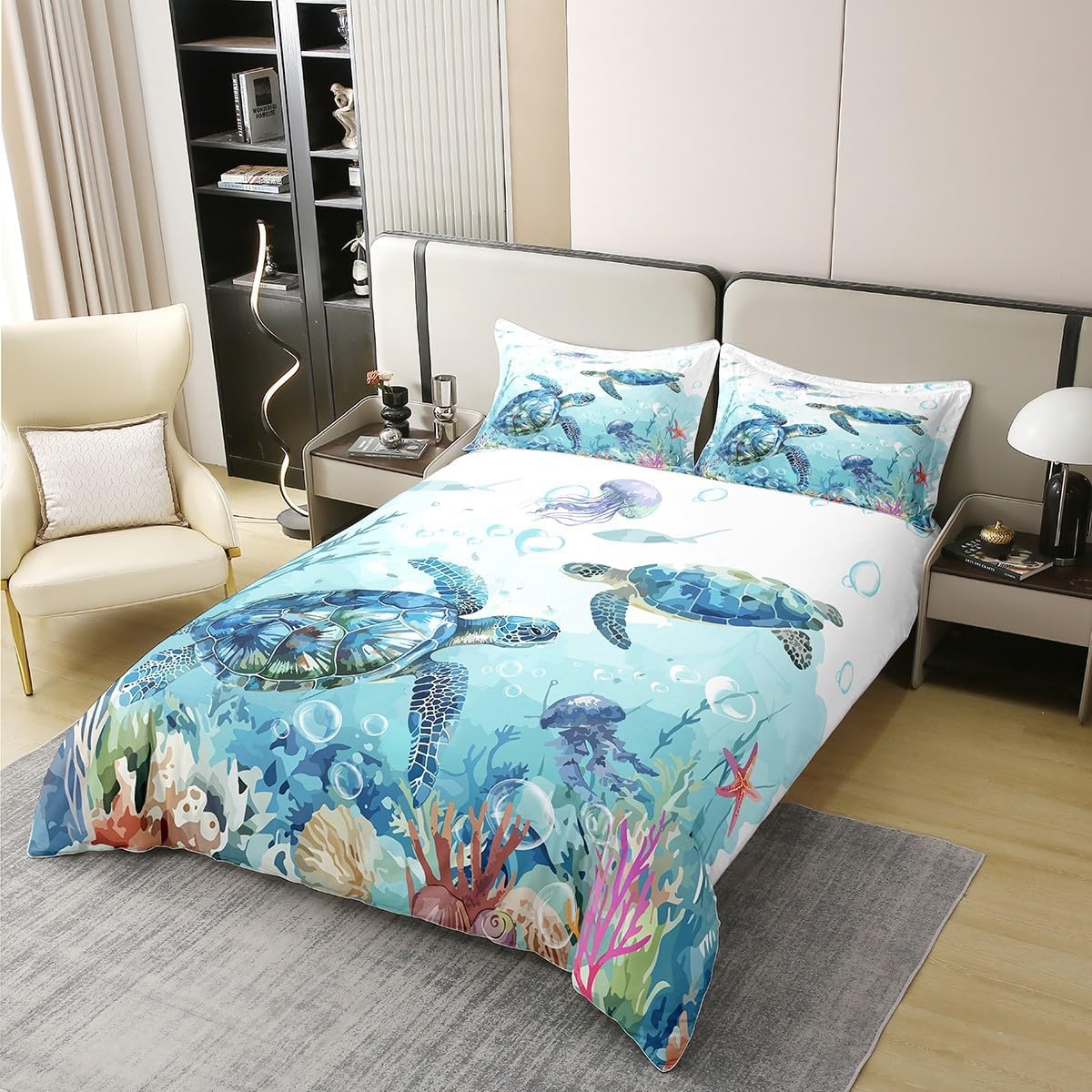 Feelyou Sea Turtle Bedding Set Twin Size Reptile Tortoise Comforter Cover Set for Boys Girls Teens Ocean Marine 100% Cotton Duvet Cover Underwater Animal Pattern Bedspread Cover Jellyfish Quilt Cover