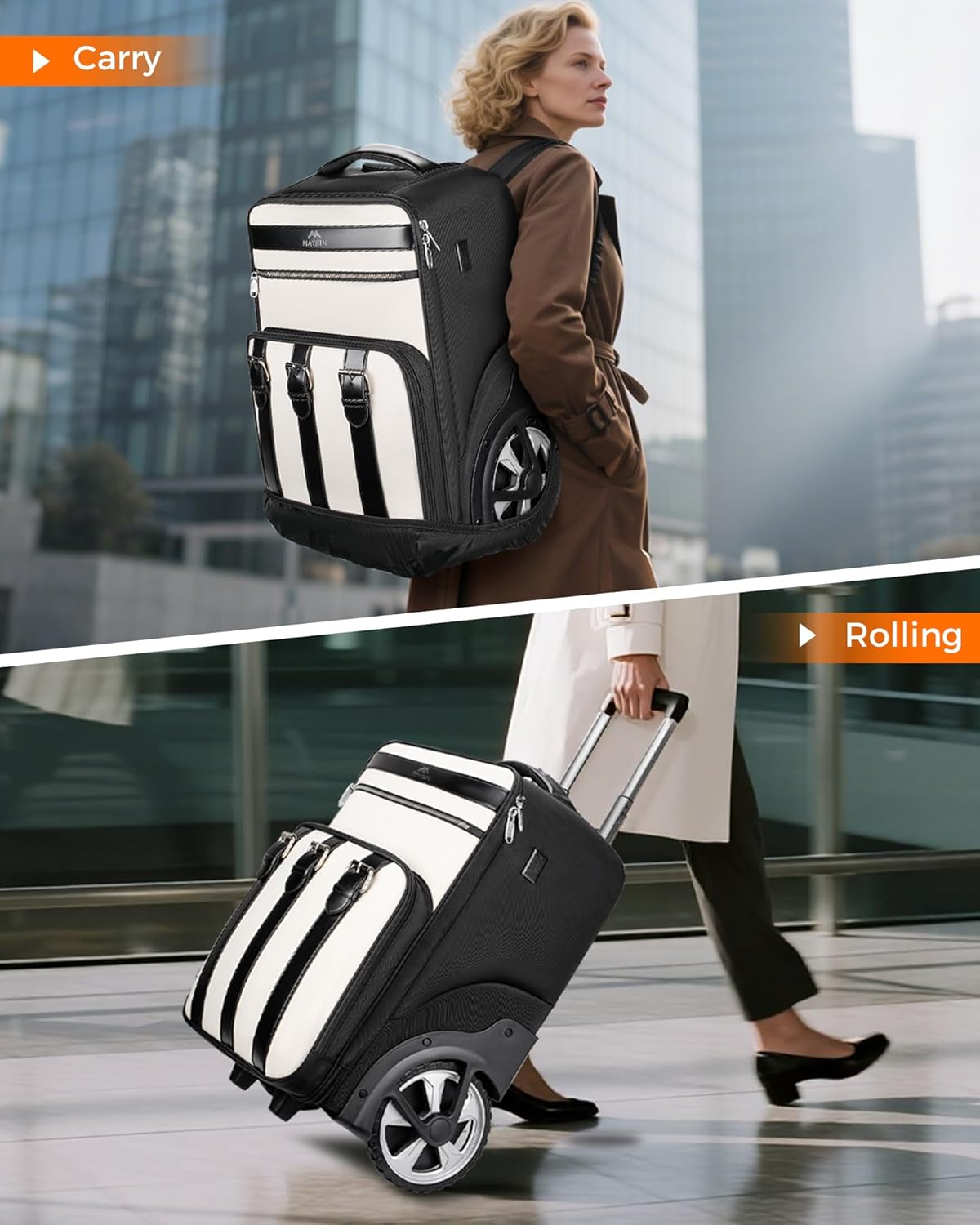 MATEIN 2 In 1 Rolling Backpack for Women with Shoulder Strap, Flight Approved Luggage Travel Backpack with Large Wheels, Anti Theft Big 17 inch Roller Suitcase Laptop Bag with USB Port, Black White - Image 8