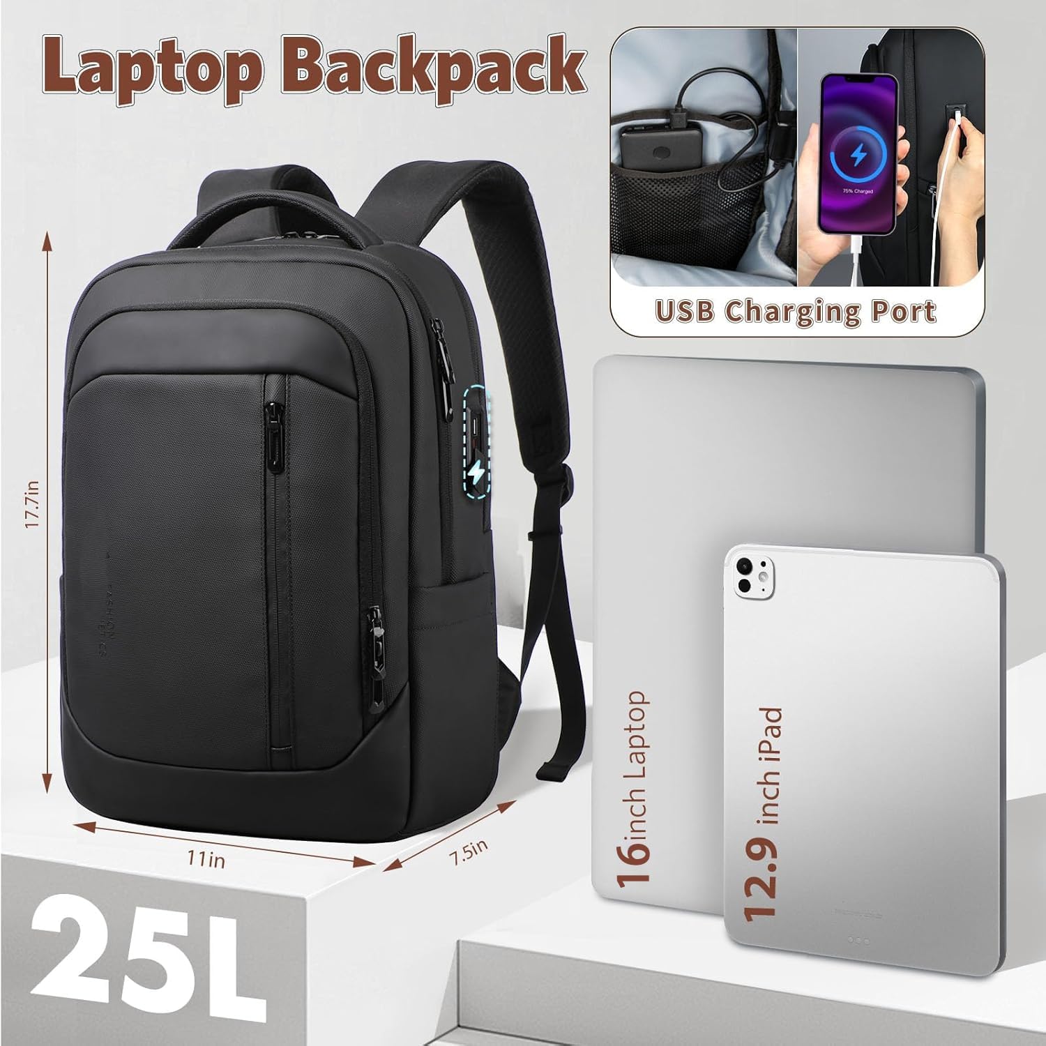 16-Inch Laptop Backpack for Men & Women, 25L Business Work Backpack with USB Charging Port, Water Resistant Computer Bag with Anti-Theft Pocket for Travel Office Daily– Black