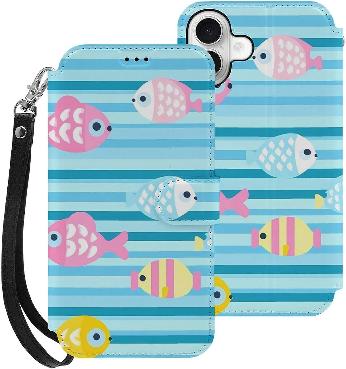 Cartoon Fish Pattern Compatible with iPhone 16/16 Plus/16 Pro/16 Pro Max/16 E Case Phone Wallet Card Holder Flip Cover with Wrist Strap