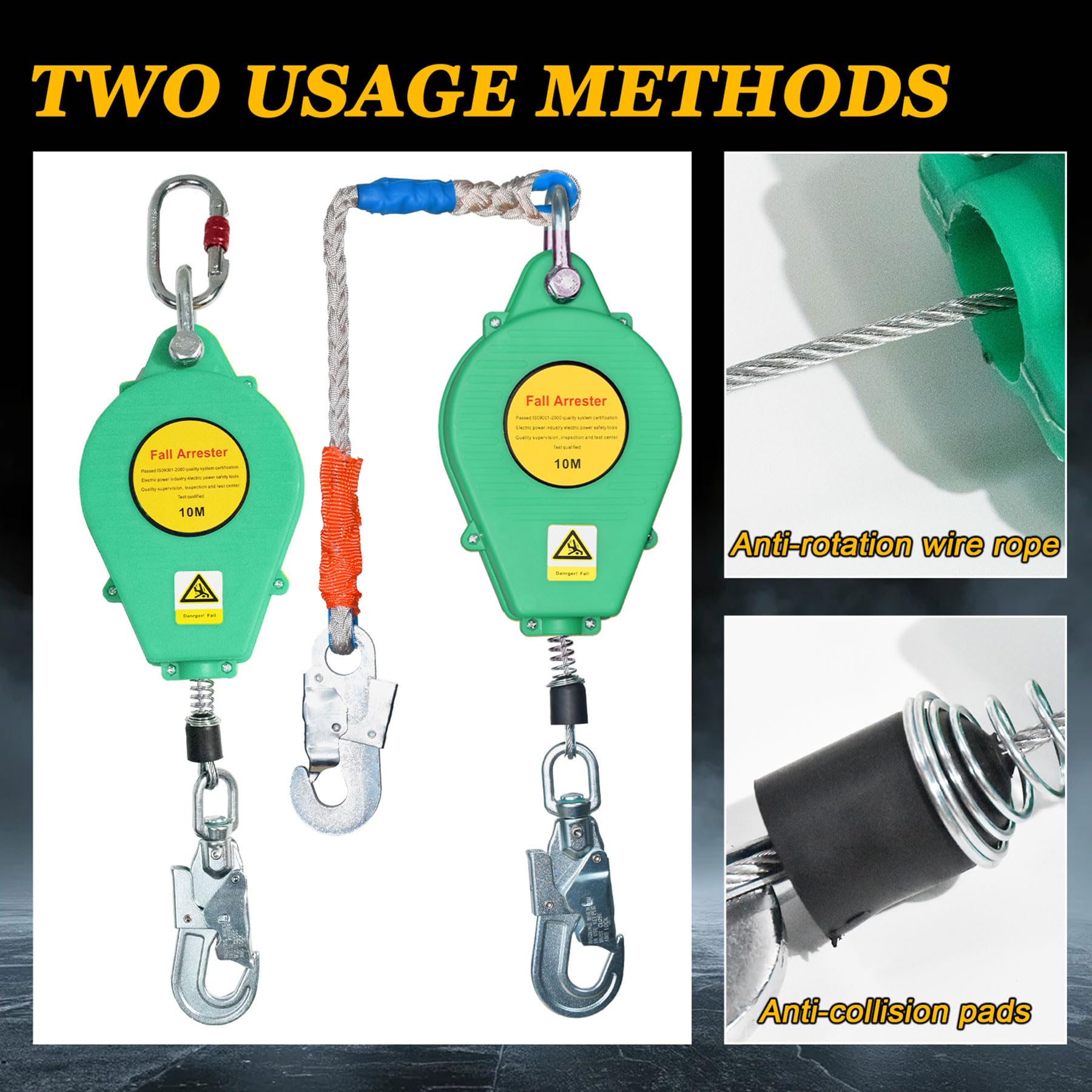 Dispositivo Anticaduta Retrattile Certificato 10m/15m/20m, Imbracatura di Sicurezza Anticaduta Tetto con Gancio Autobloccante, 150kg Dispositivo Sicurezza Anticaduta Tetto/ Lavoro Aereo (Verde, 10m)