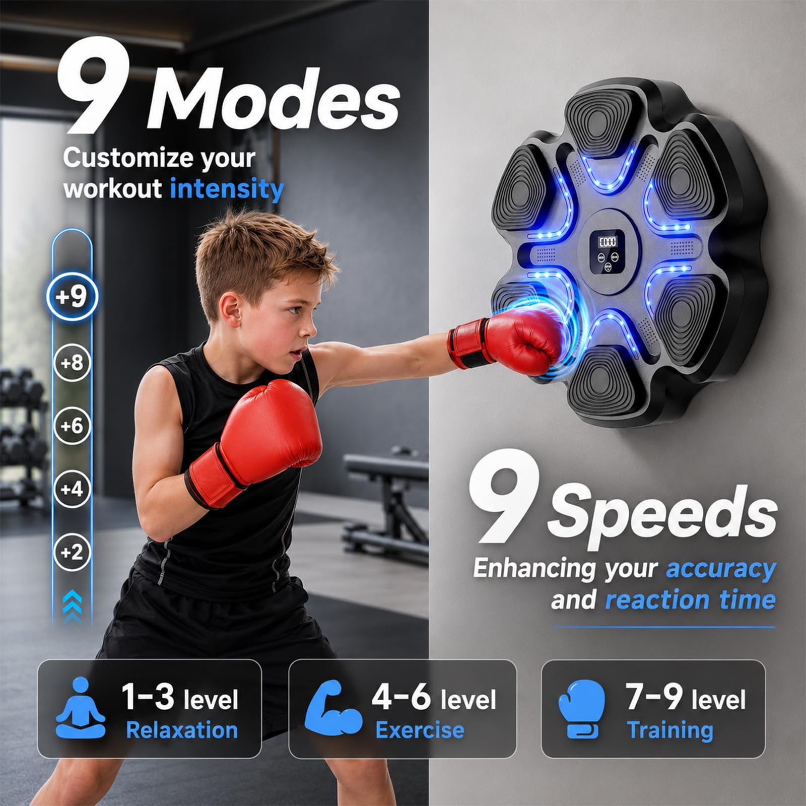 Machine da boxe con musica, Bluetooth, 9 modalità di allenamento, 2 paia di | Strumento di allenamento per alleviare lo stress con contatore di colpi, per adulti, fitness a casa
