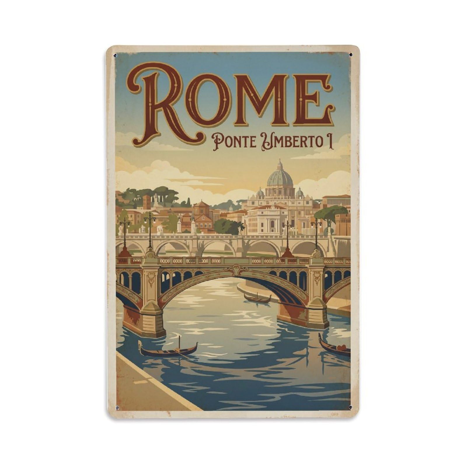 Vintage Travel Rome Ponte Umberto I Belle Epoque Bridge Rusted Italy Metal Tin Sign Plaque Wall Decor for Cafe, Club Bar, Office, Home Garden Metal Poster 8x12Inch