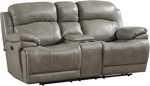 Miniatura 2 de AC Pacific Estella Collection - Sofá biplaza reclinable de piel tapizado contemporáneo con consola de almacenamiento y portavasos, color gris