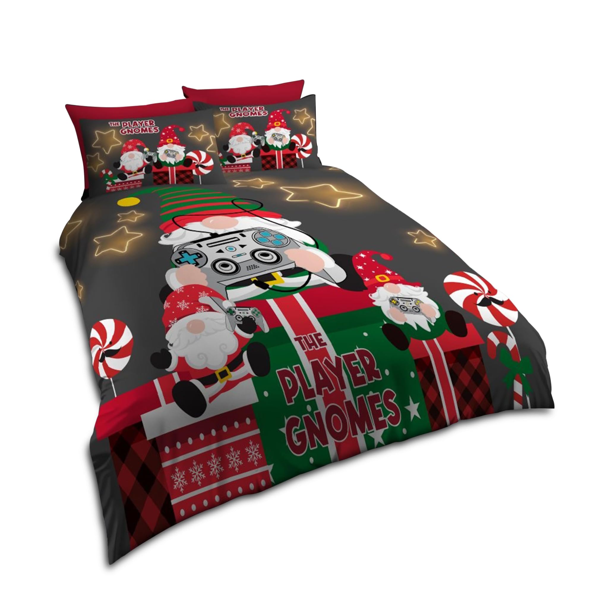 Velvetio Player Gnomes Christmas Duvet Cover Set With Pillowcase, Festive Xmas Bedding Bedset Single, Lightweight Breathable Microfiber Comforter Quilt, Multi