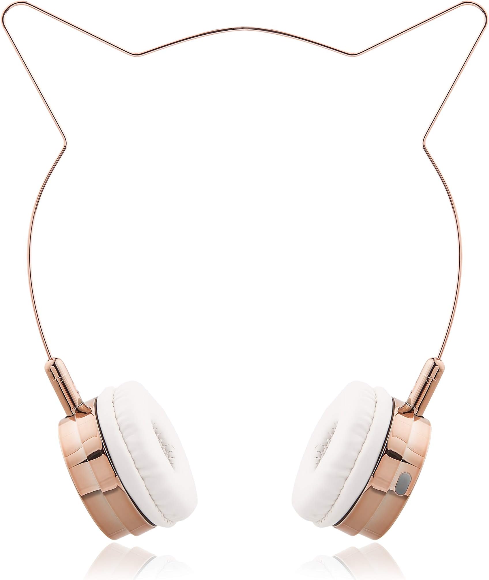 LUX ACCESSORIES Rose Gold Cat Ear Headphones Wire Frame Headset w Microphone